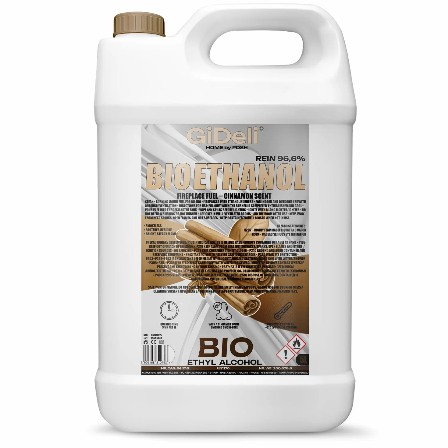 GiDeli Bioetanol 5 l, aroma a canela, 96,6 % de etanol, para interior y exterior, sin humo ni hollín, procedente de maíz y remolacha azucarera