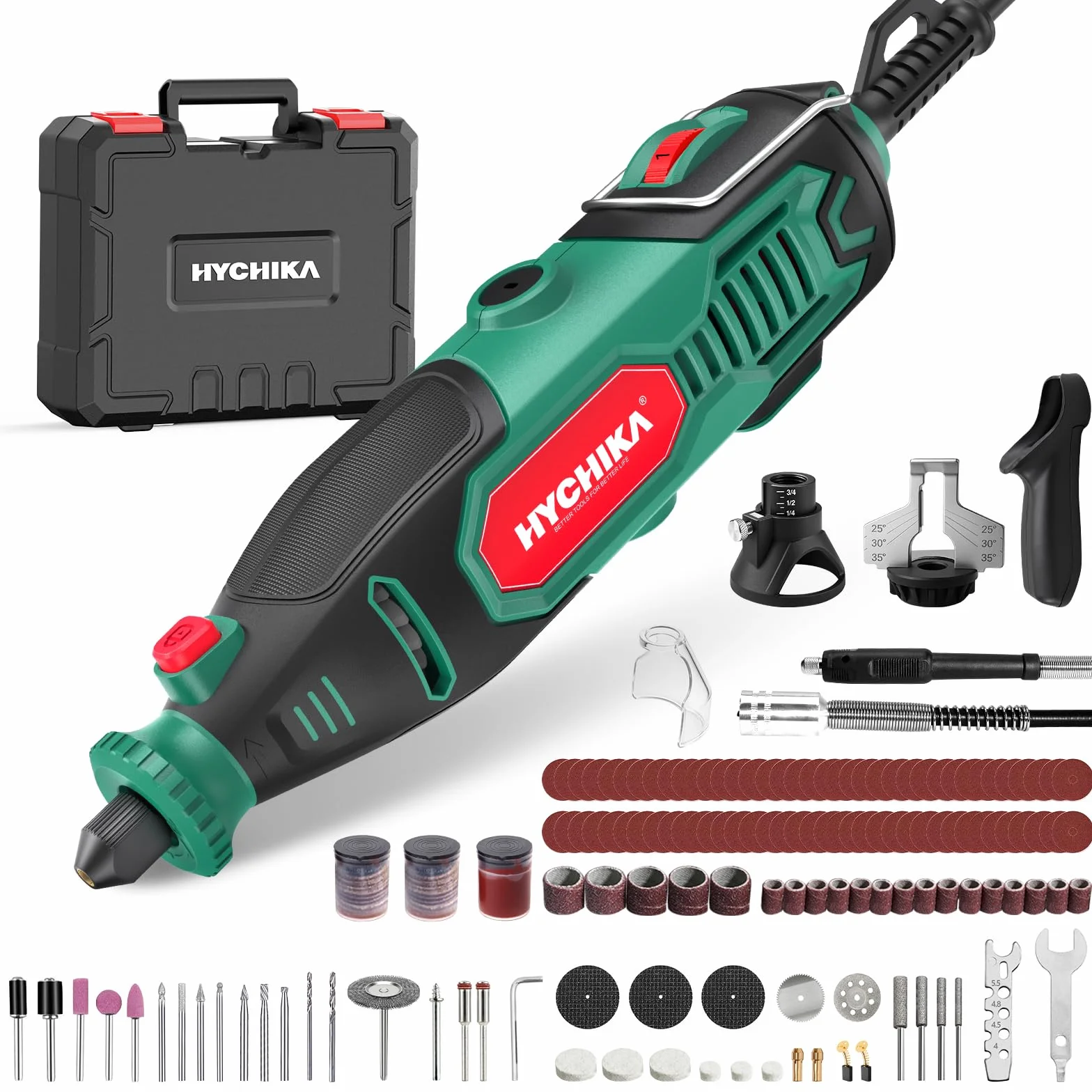 HYCHIKA Herramienta Rotativa 150W con afilador de motosierra. 7 velocidades 10 000-33 000 RPM.167 accesorios para lijar, pulir, cortar, taladrar y grabar