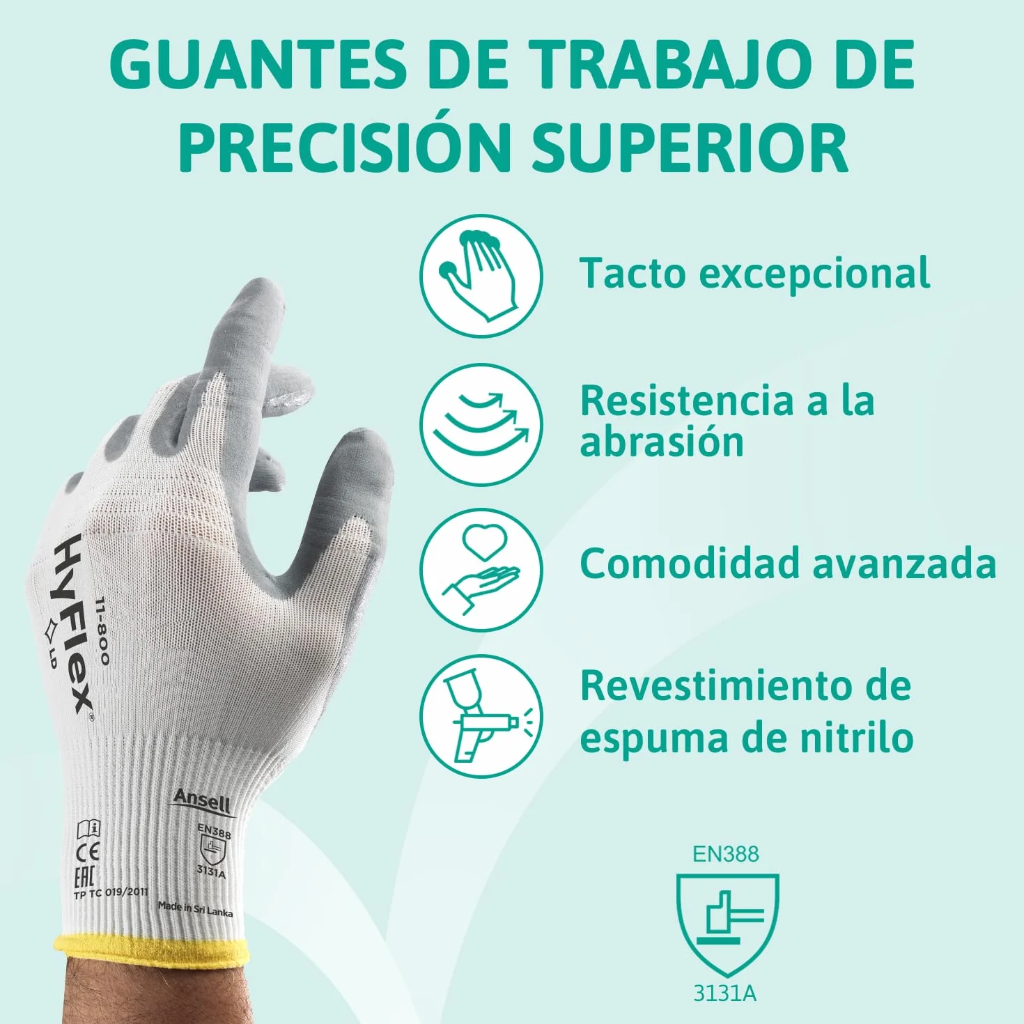 Ansell HyFlex 11-800 Guantes de Trabajo Profesionales, Revestimiento de Nitrilo Antideslizante, Talla XL, 12 Pares