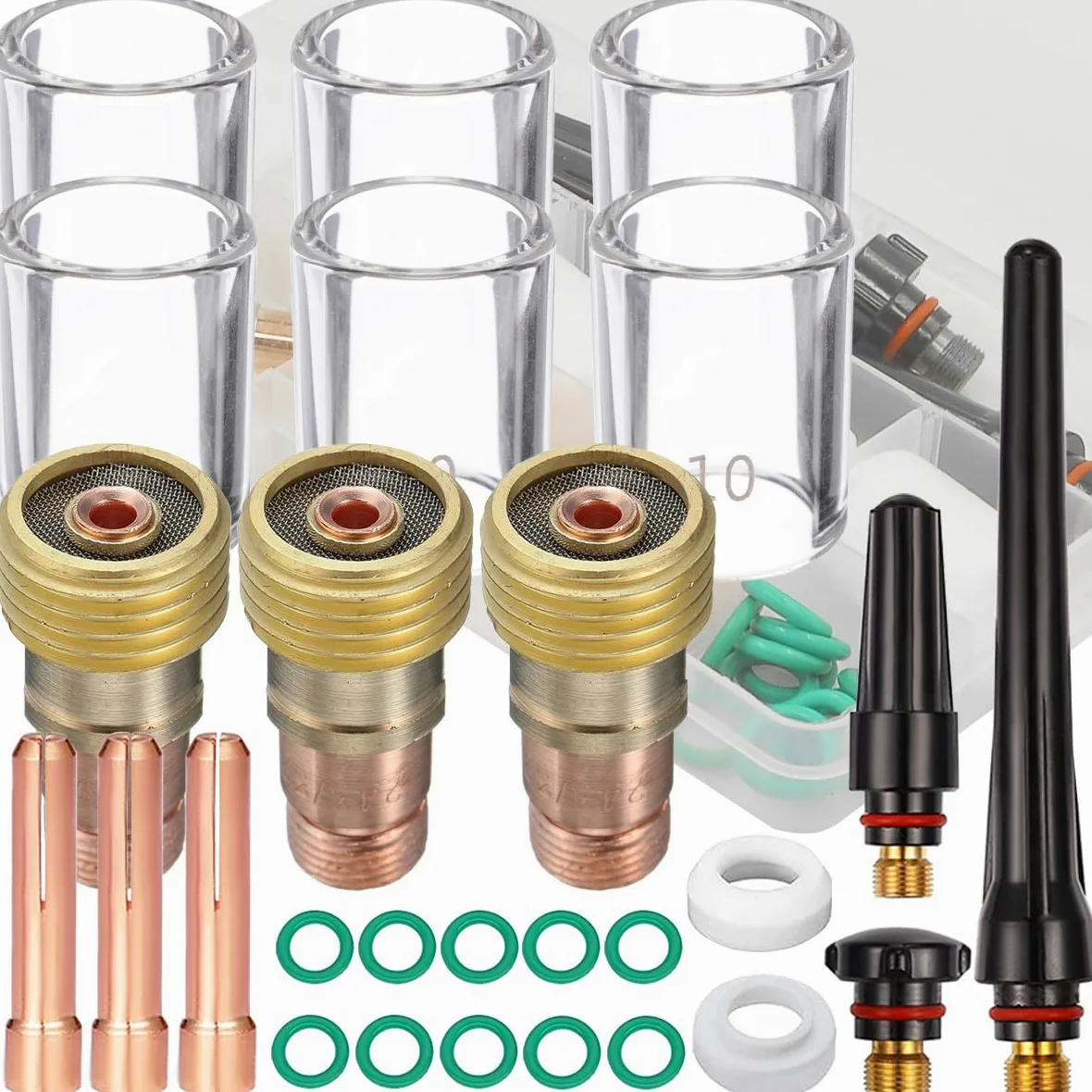 29 piezas TIG Stubby Gas Lens #10 para kit de copa de vidrio Pyrex para WP-17/18/26 Kit de accesorios de antorcha de soldadura TIG, cuerpo de pinzas, pinzas, copa trasera, junta de copa