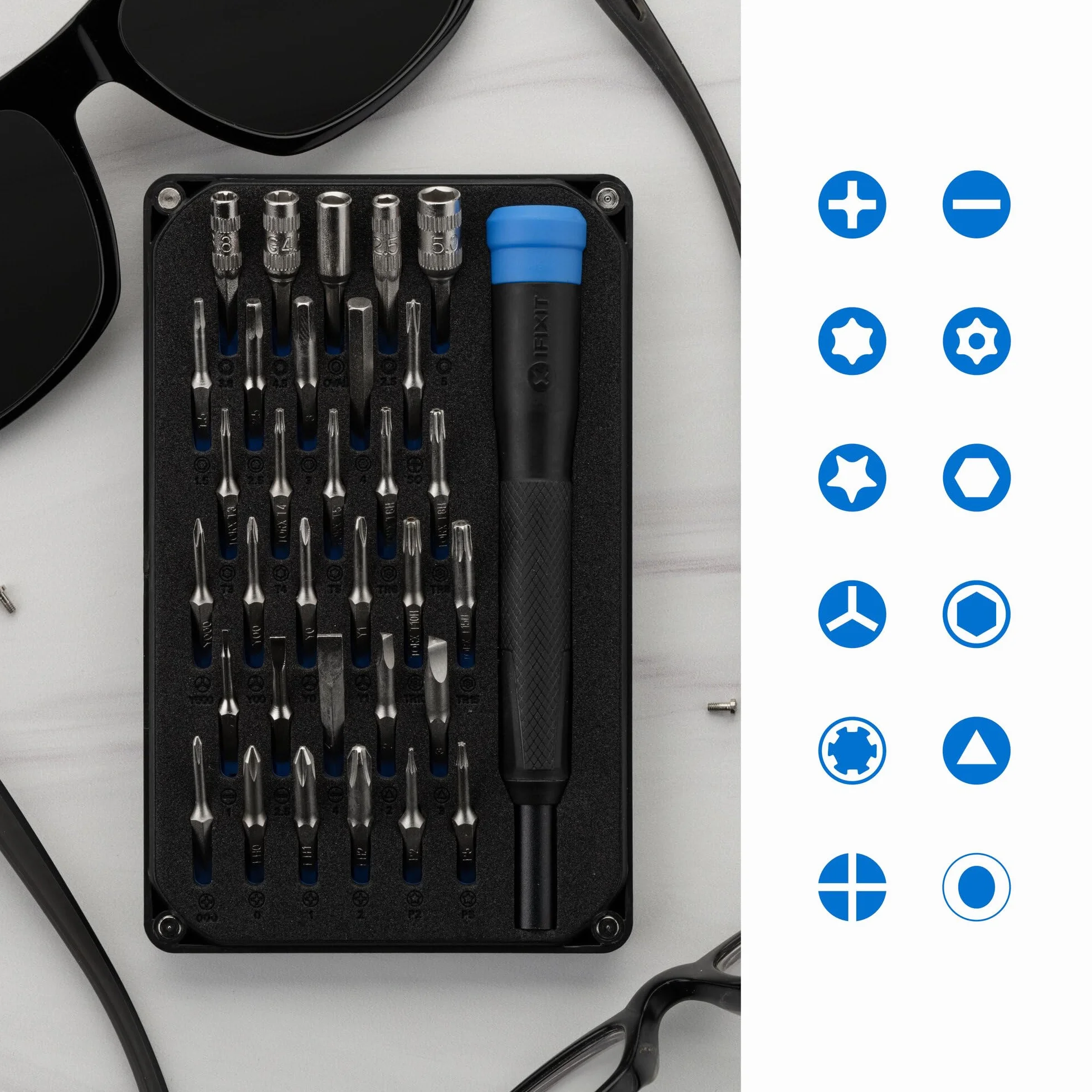 iFixit Moray Precision Bit Set, juego de 32 puntas de precisión (4 mm) y mango destornillador para reparar smartphones, consolas, portátiles y más
