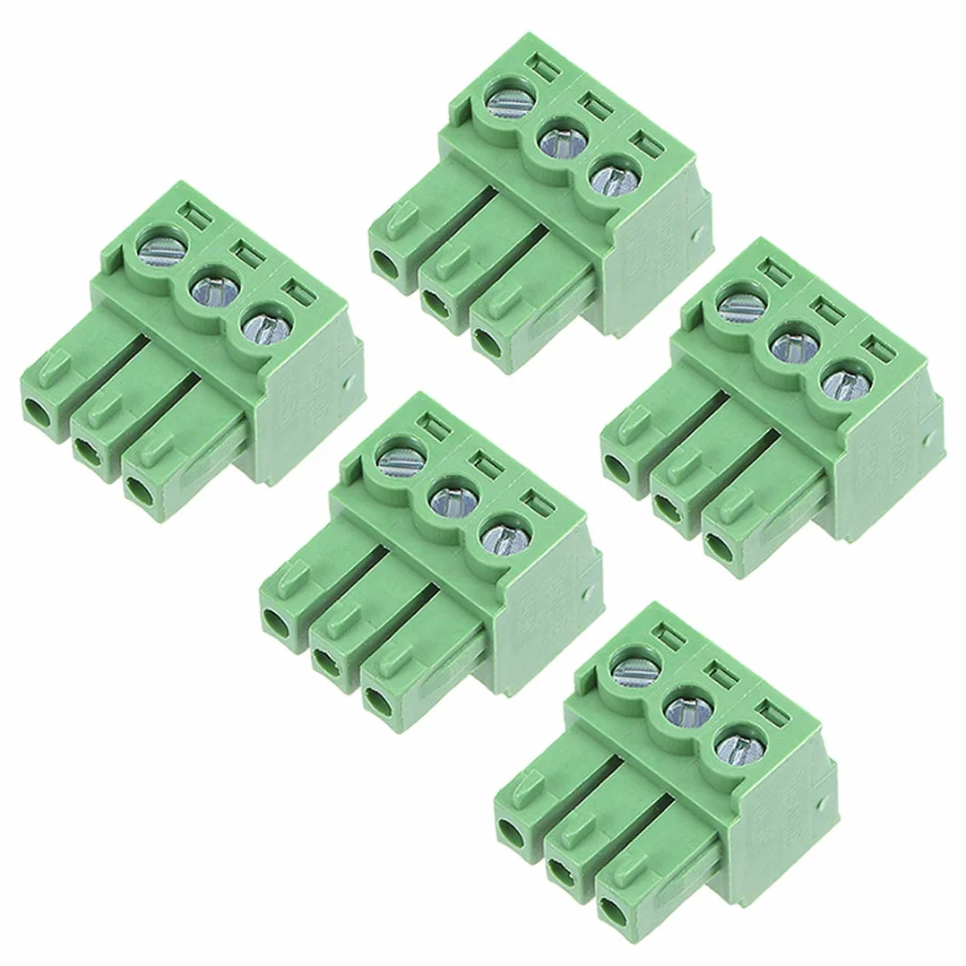 sourcing map 5 Pcs AC300V 8A 3.81mm Paso 3P Ángulo Plano Aguja Asiento De Enchufar Pcb Conector Del Bloque De Terminales Verde