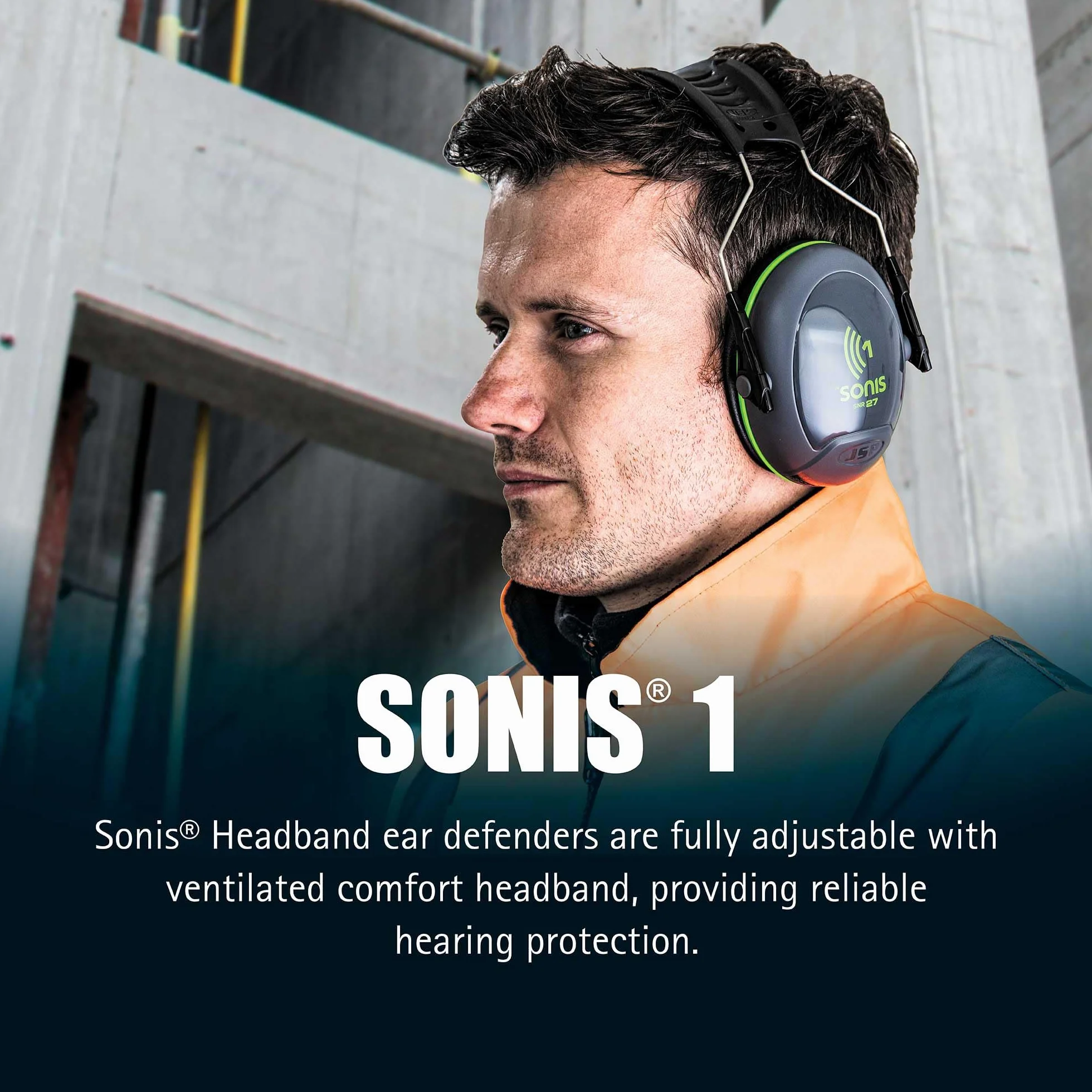 JSP SONIS 1 Protectores Auditivos Ajustables - 27 dB SNR - Gris/Verde - Protección Auditiva para Adultos - Ajuste Flexible y Cómodo - Para Corte de Césped, Taladrado, Lijado y Corte - EN 352-1