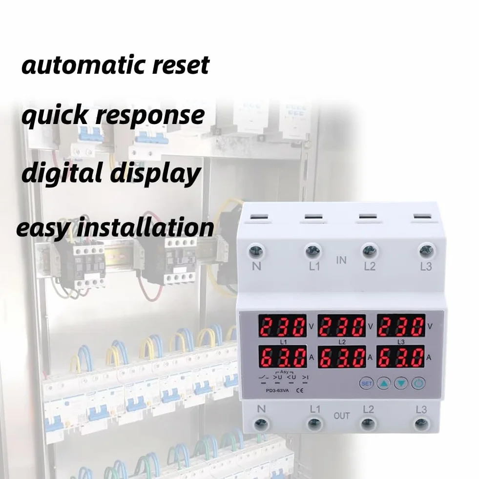 63A Probador Múltiple Amperímetro Voltímetro Riel DIN Trifásico CA 390‑500V Protector Sobrecorriente Sobrevoltaje Automático