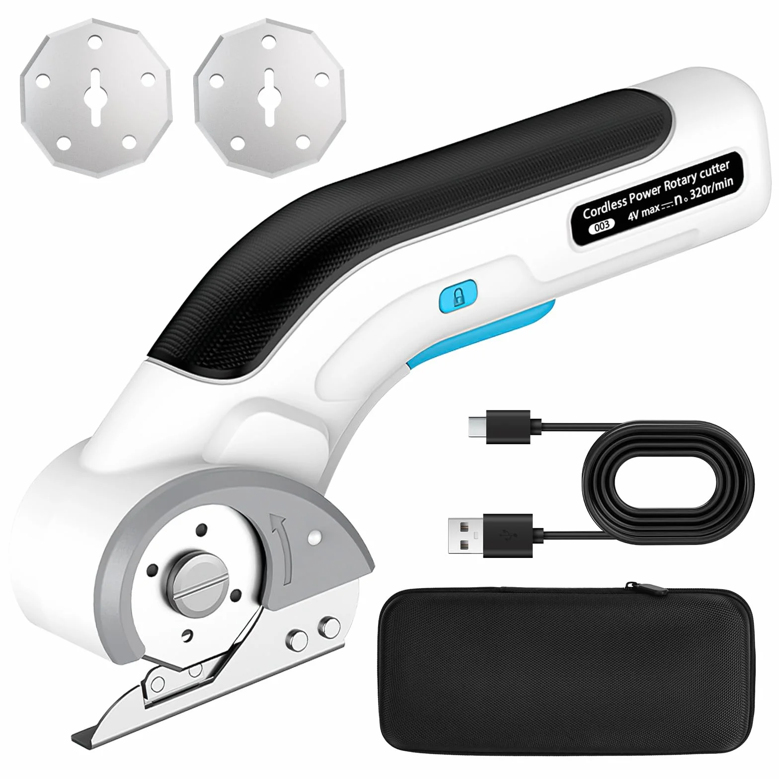 Tijeras Eléctricas sin Cable, Herramienta Portátil Recargable para Cortar Cajas de Cartón con Cierre de Seguridad Para Cortar Papel, Tela, Manualidades, Cuero, Alfombra con Cuchilla Repuesto