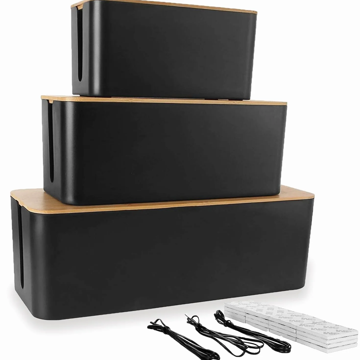 ASelected Pack de 3 Caja Organizadora Cables con Tapa de Madera, Organizador Cables Escritorio, Cajas para Cable Grande Mediana Pequeña, Caja Oculta Regletas con Bridas y Adhesivos