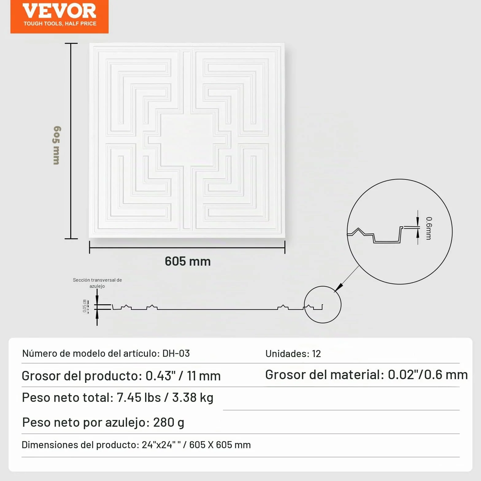 VEVOR Paneles para Techo Suspendidos PVC 605x605 mm Paquete 12 Blanco