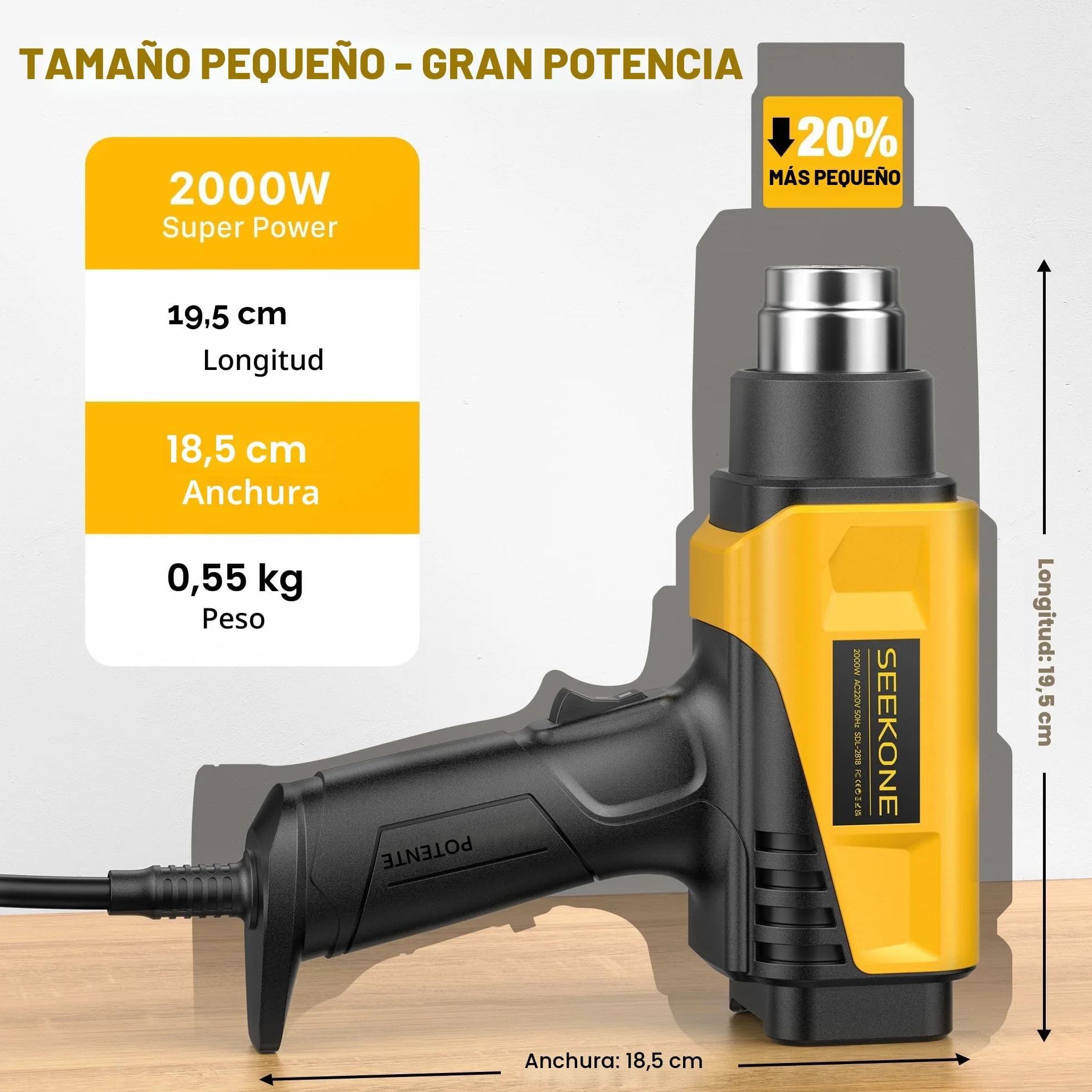 SEEKONE Pistola de Aire Caliente de 2000W con Pantalla LCD Digital, 50℃-650℃ Diseño Compacto y Temperatura de Flujo de Aire Ajustable, con Protección de Sobrecarga y Ideal para Manualidades