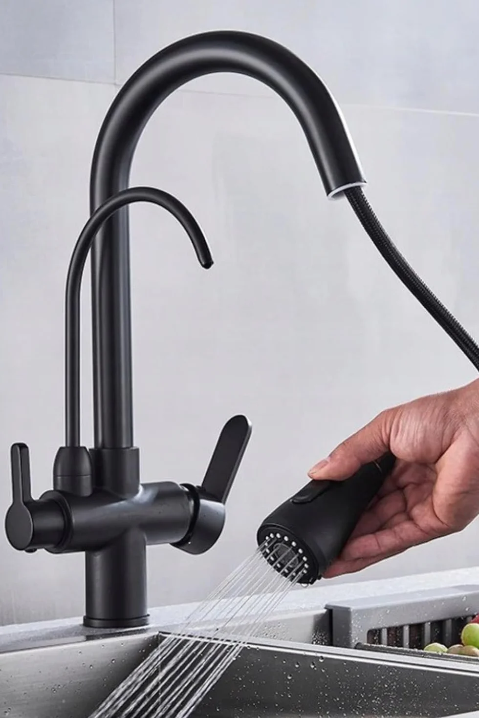 Grifo de cocina 3 vías Nordic negro mate con conexión filtro agua, manguera extraíble, giratorio 360°