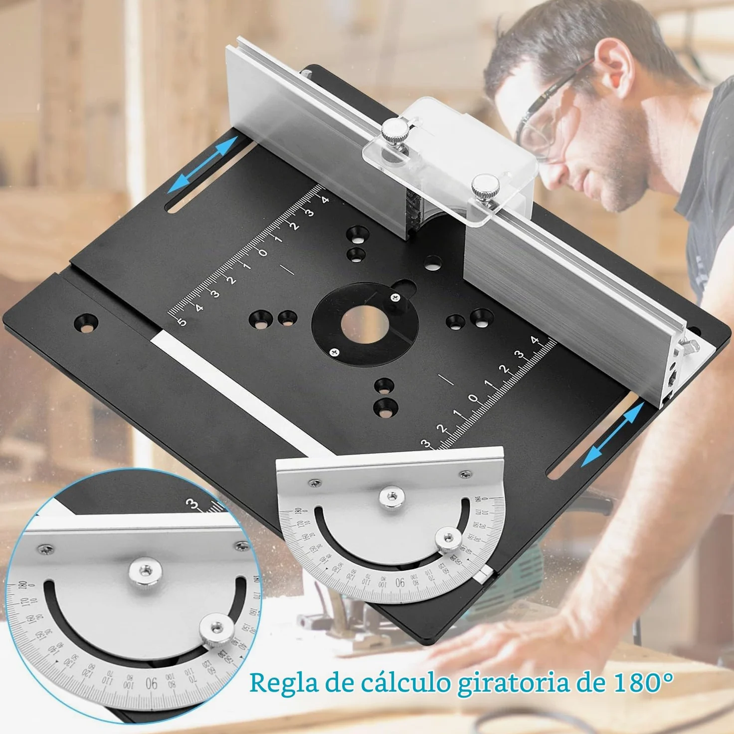 Juego de 3 Placa de Inserción de Mesa de Fresadora de Enrutador de Aluminio, Mesa para Fresadora, Herramienta Auxiliar de Grabado con Inglete, con Medidor de Inglete para Bancos de Carpintería (Negro)