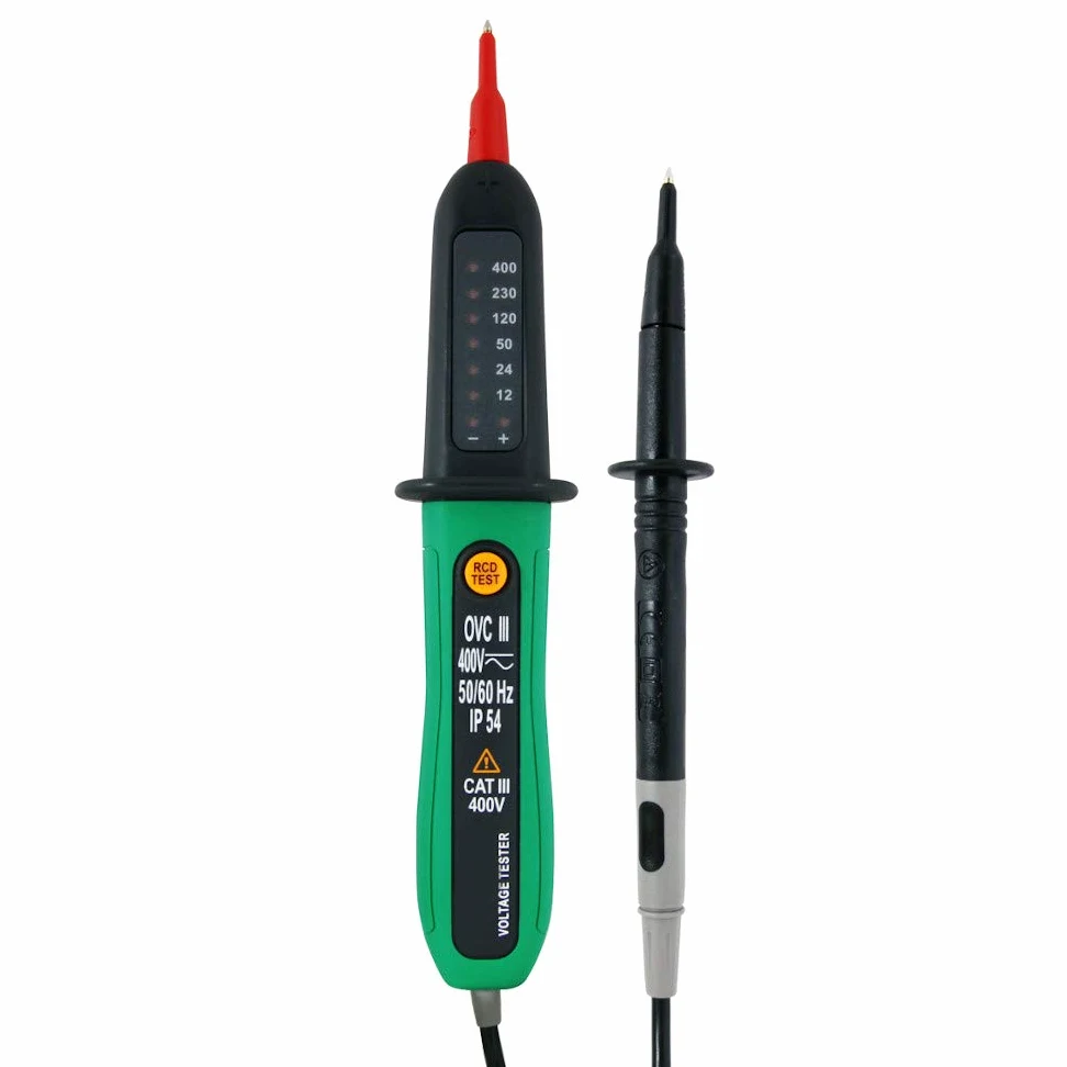 KPS-DT220 Detector de tensión y prueba de diferenciales, tensión 12V-400V, polaridad, RCD (Dispositivo de Corriente Residual) e indicador LED, IP54
