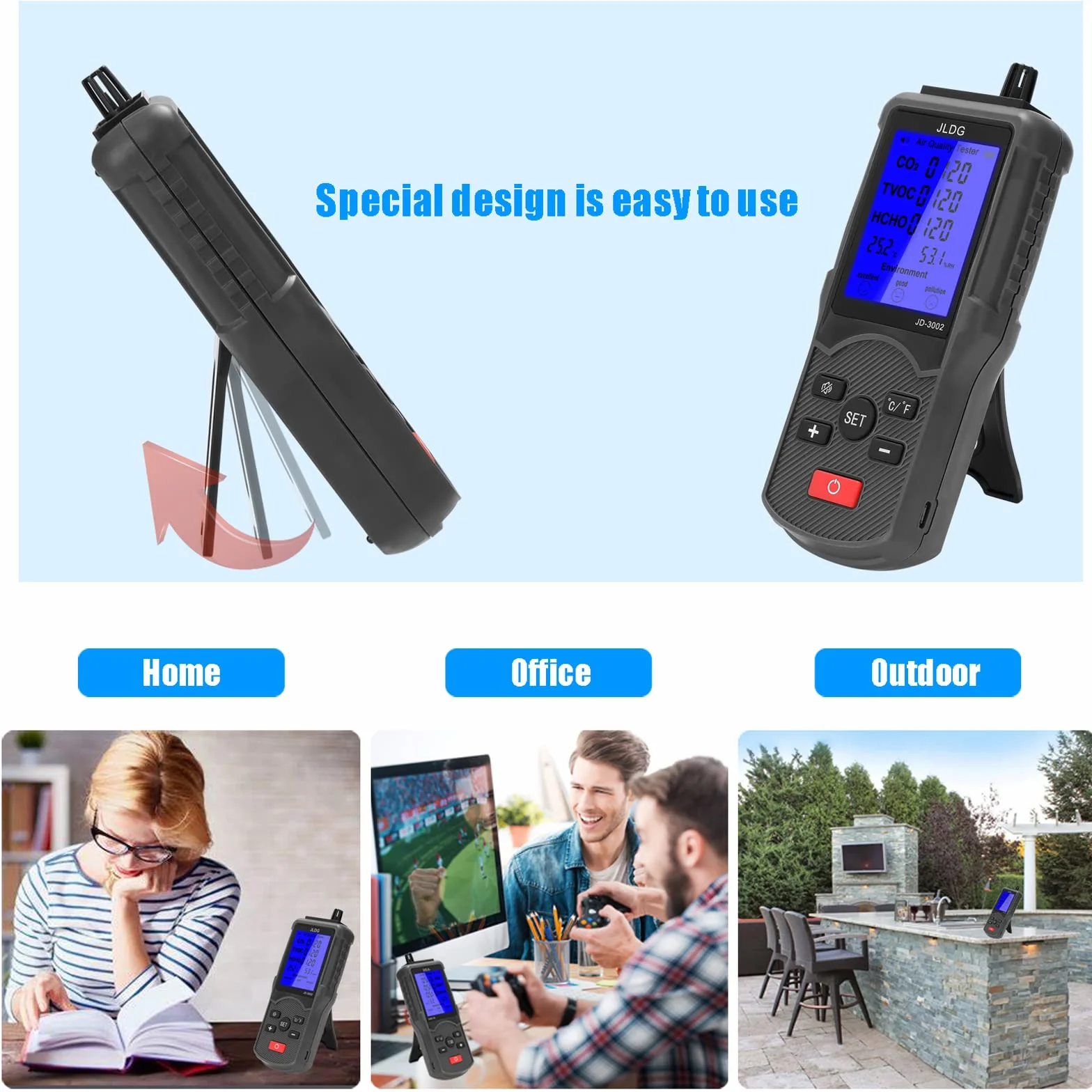 Hancaner Medidor de co2 Homologado 5 en 1 Medidor de Calidad del Aire TVOC HCHO Temperatura y Humedad Detector de CO2 con Pantalla LCD + 1 * 1800 mAh Batería de Litio + Cable USB +Caja de Embalaje