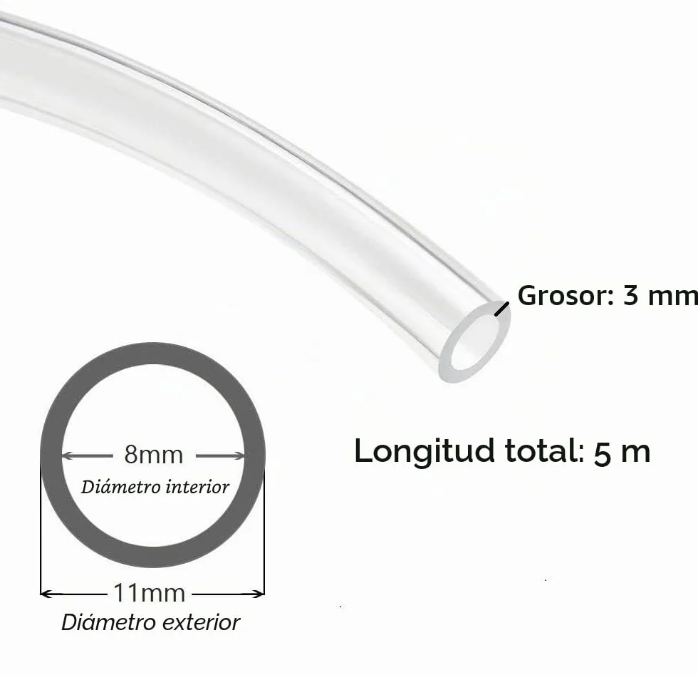 Tubo flexible transparente PVC grado alimenticio 8 mm x 11 mm 5 metros con abrazaderas