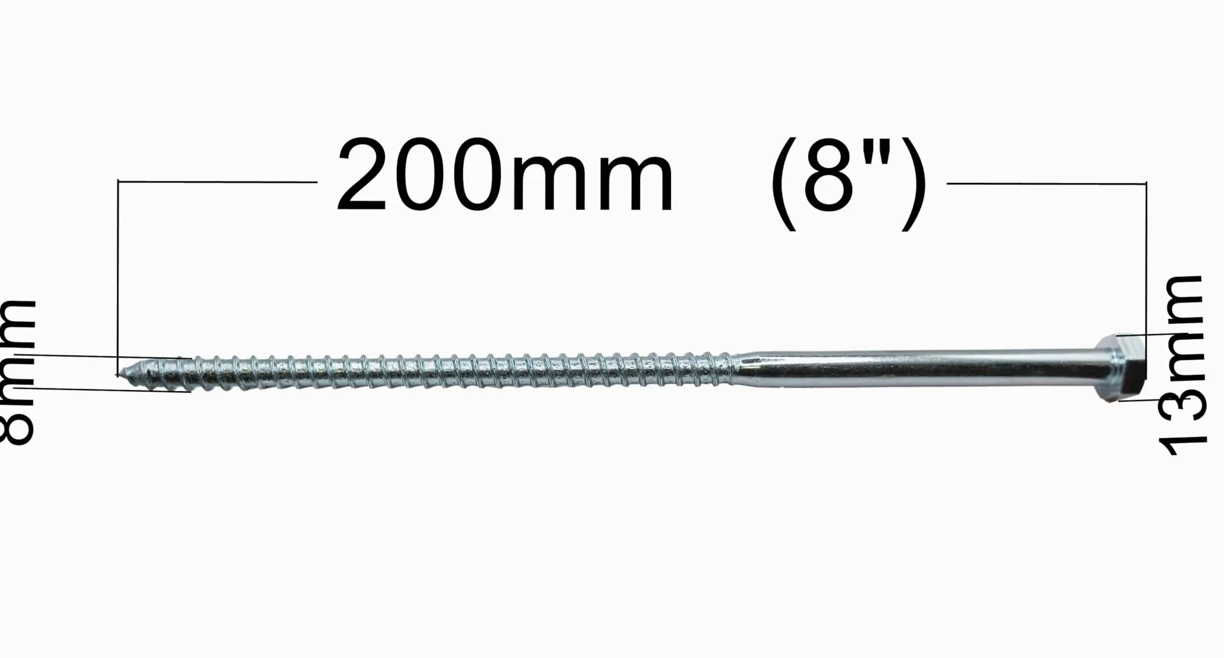LLB 200 mm M8 para tornillos de madera, cabeza hexagonal de 13 mm de ancho, tornillo de hormigón chapado en zinc, pernos de media rosca, color plateado, largo de 8 x 200 mm, caja de 6 unidades