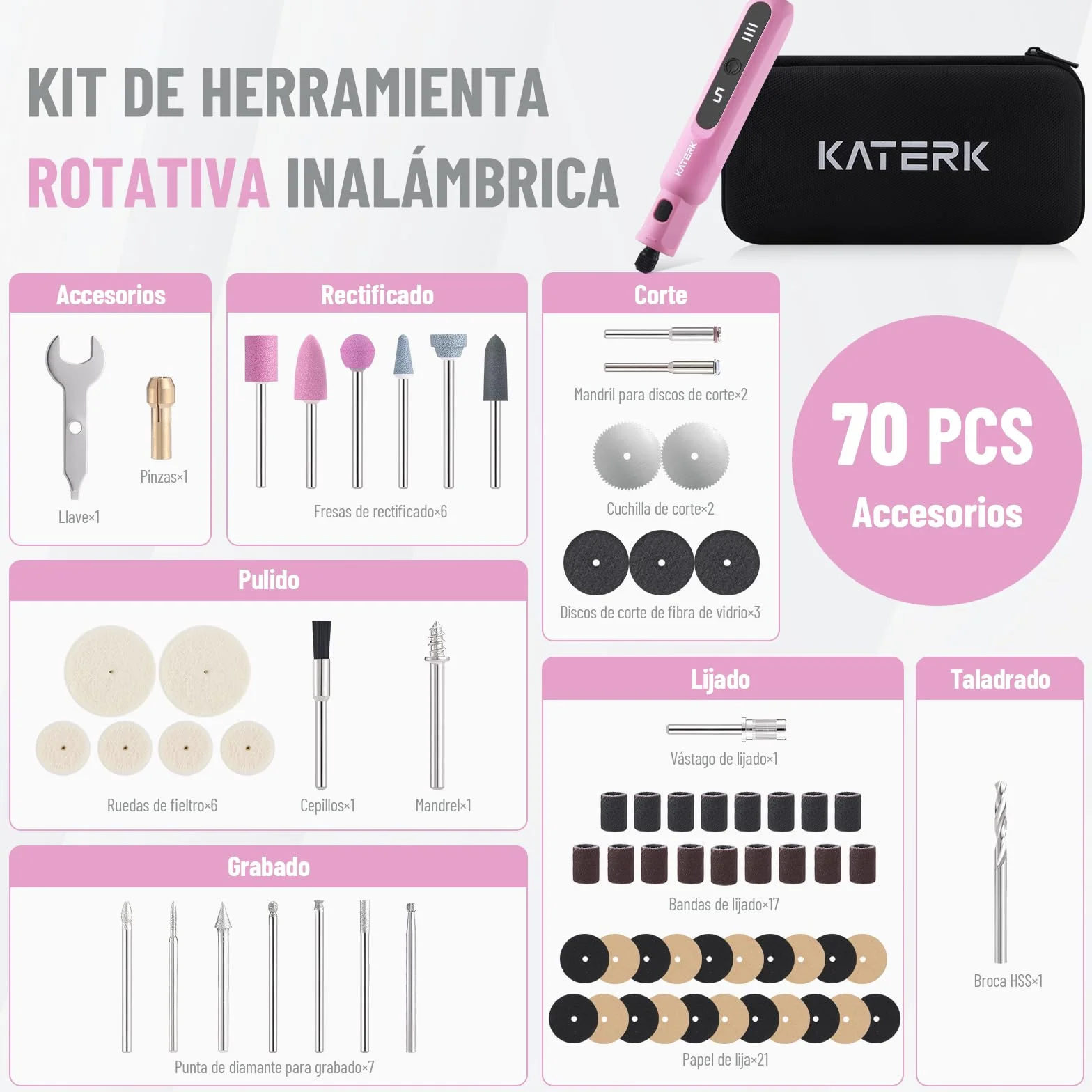 Katerk Kit de Herramientas de Amoladora, 5 Velocidades Herramienta Rotativa, 5000-20000RPM, Batería 2500mAh, 3.7V Mini Amoladora Eléctrica con 70 Accesorios para Grabar,Taladrar,Cortar, Esmerilar-Rosa