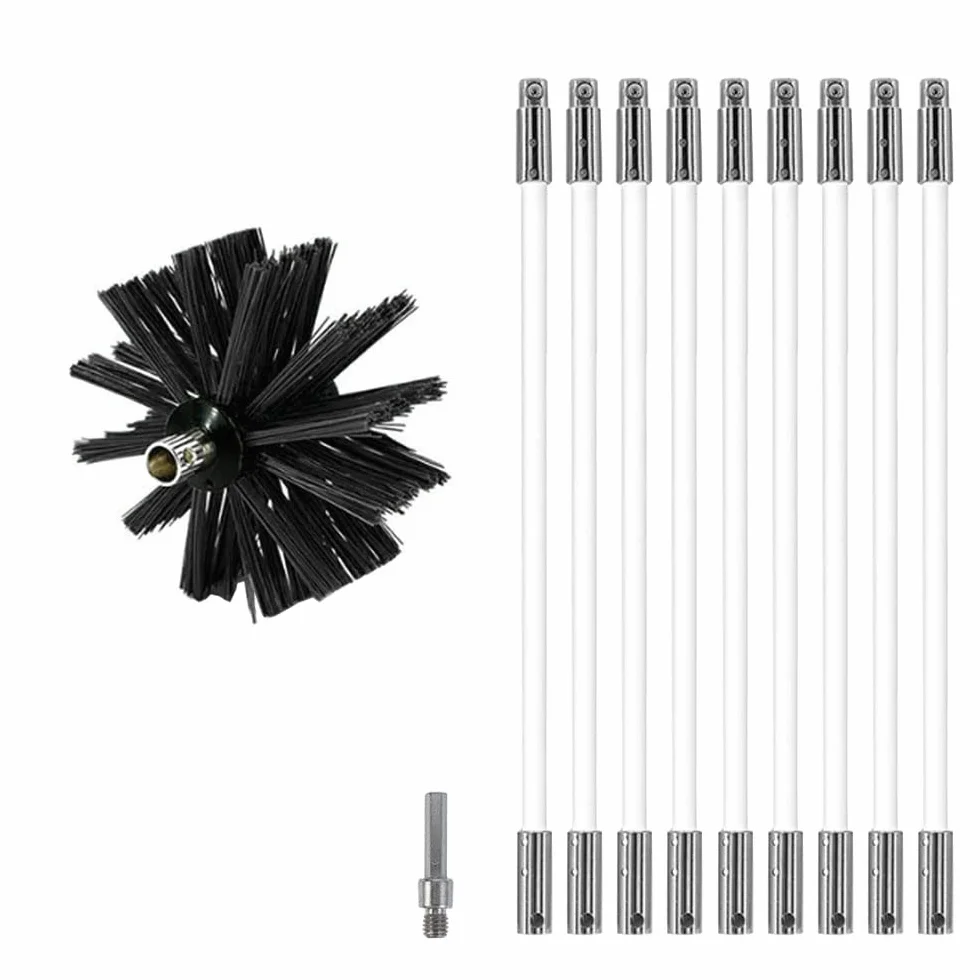 Kit de Cepillo Limpieza Chimenea Cepillo para Chimenea Rotativo de Nylon Juego de Limpieza de Ventilación del Conducto con 9 Varillas Flexibles 1 Cabeza de Cepillo
