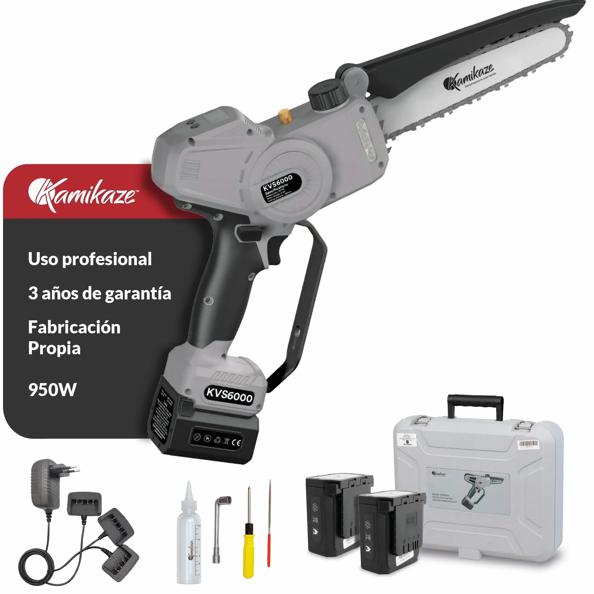 KAMIKAZE KVS6000 Mini Motosierra a Batería 21V 6" 800W Inalámbrica con 2 Baterías 4Ah y Cargador