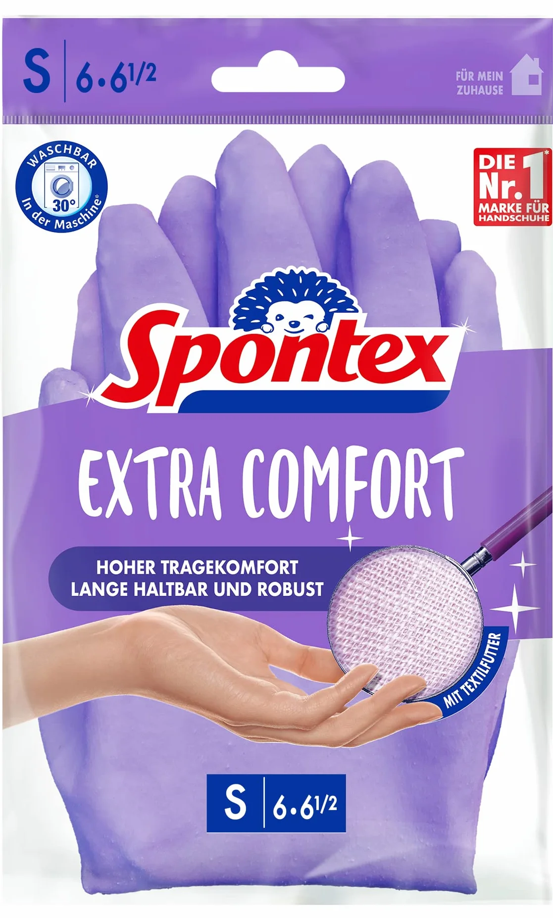 Spontex Guantes para el hogar extra cómodos con forro textil suave, talla S (6-6,5), 1 par, morado