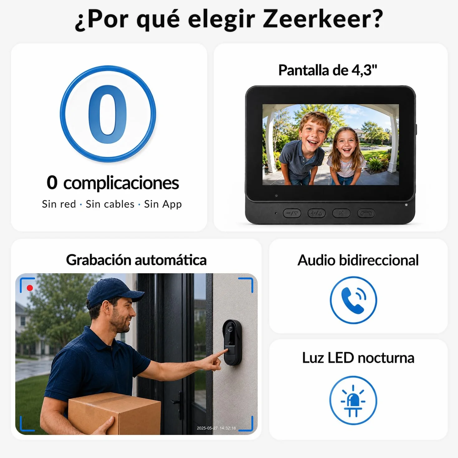 Timbre Inalámbrico Exterior Impermeable IP65, Pantalla IPS de 4,3 Pulgadas, Timbre Inalámbrico con Cámara 1080P, Audio Bidireccional, Visión Nocturna, Video Portero Automatico Alimentado por Batería