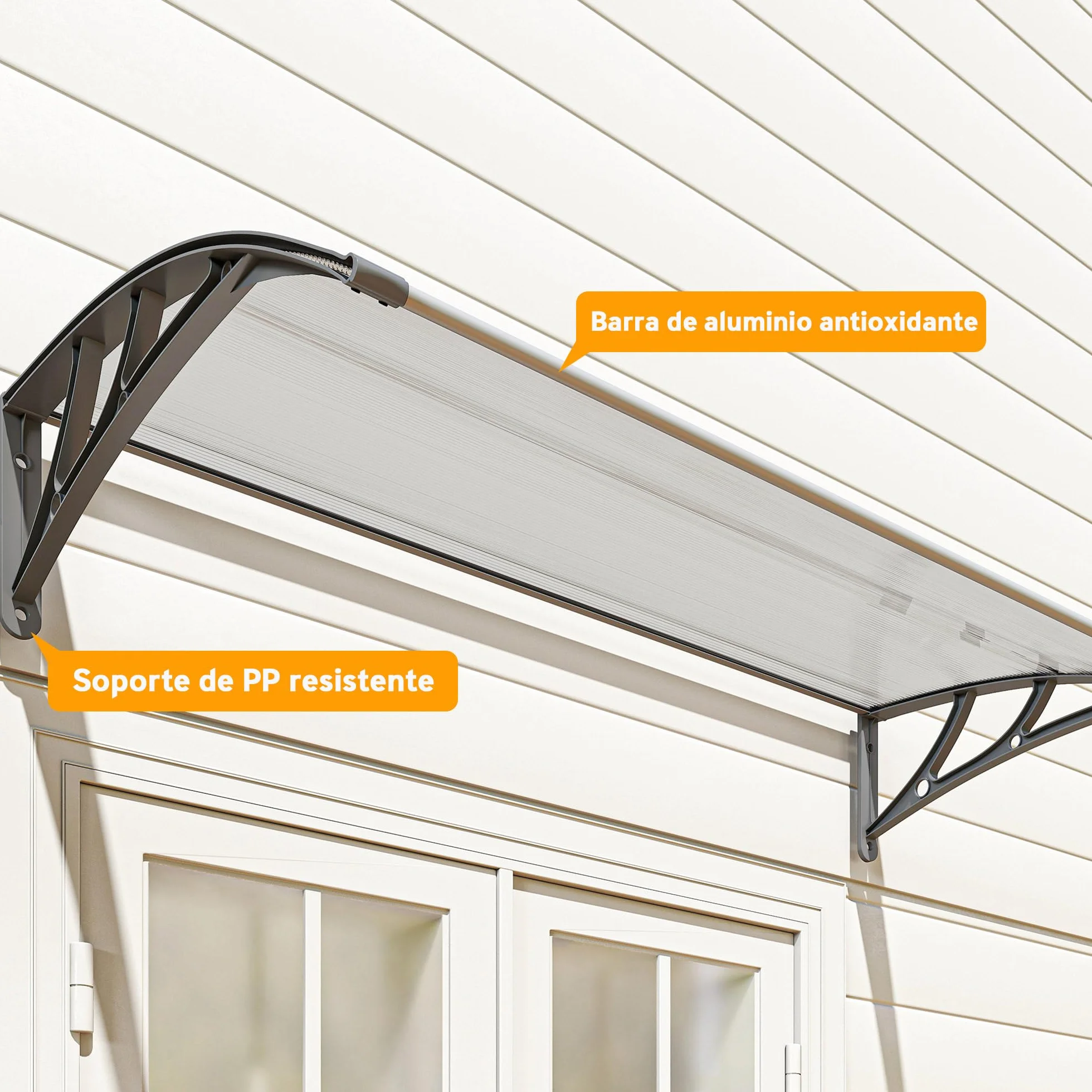 Outsunny Marquesina Exterior 110x60 cm Tejadillo Protección Sol Lluvia Policarbonato Soportes PP Regleta Aluminio Gris Transparente
