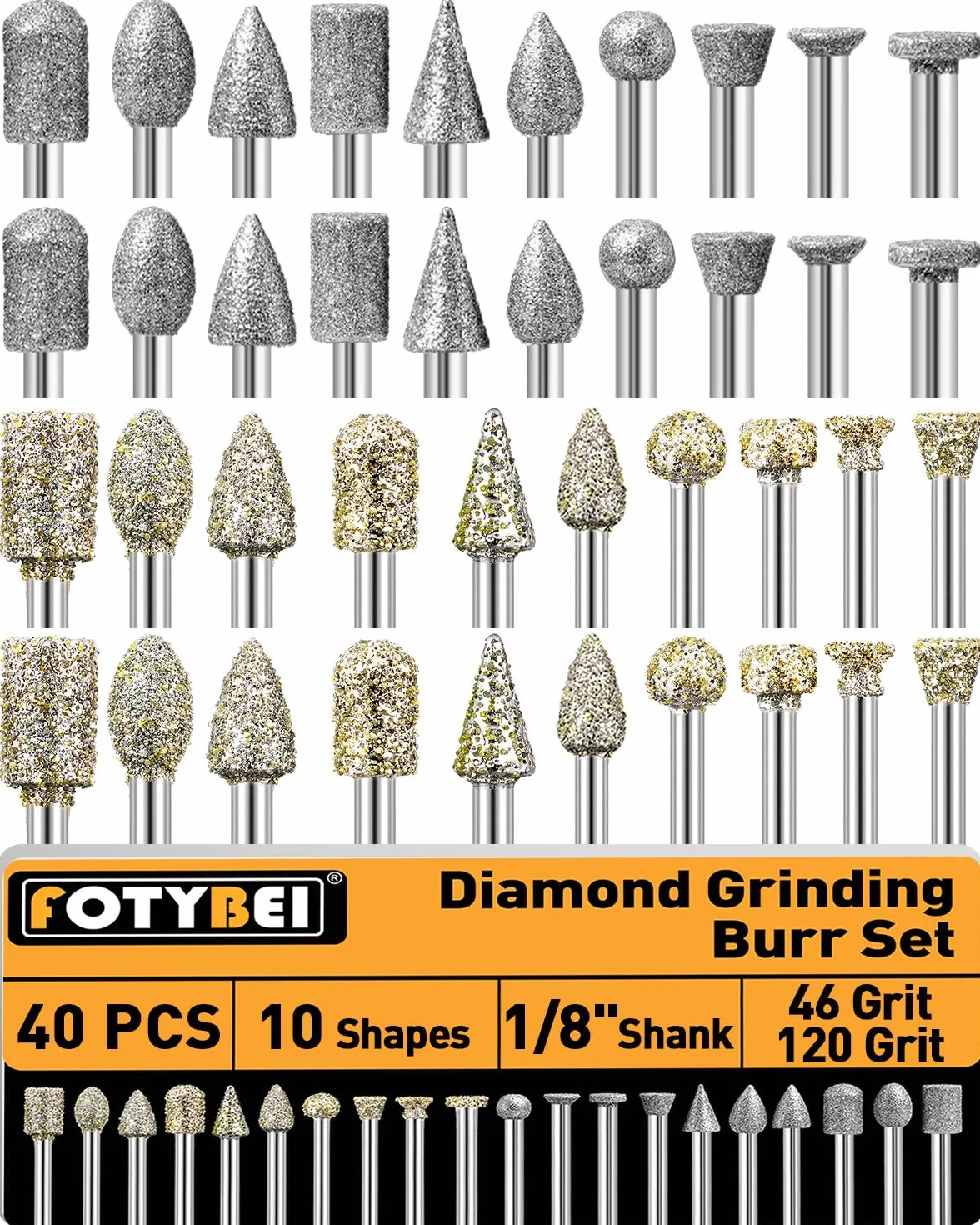 Juego de 40 fresas de diamante compatible con herramientas rotativas Dremel, fresas de piedra con vástago de 3mm, para tallado, lijado, pulido y grabado de piedra (grano 46 y 120)