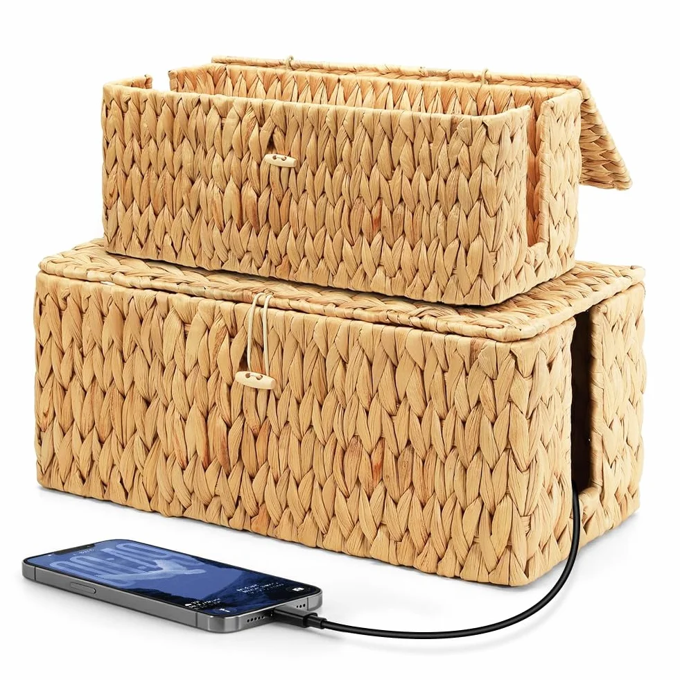 CEWROM Caja de cables de jacinto de agua hecha a mano, caja de cables con regleta con tapa, almacenamiento de cables con apertura lateral, caja de gestión de cables para oficina, hogar