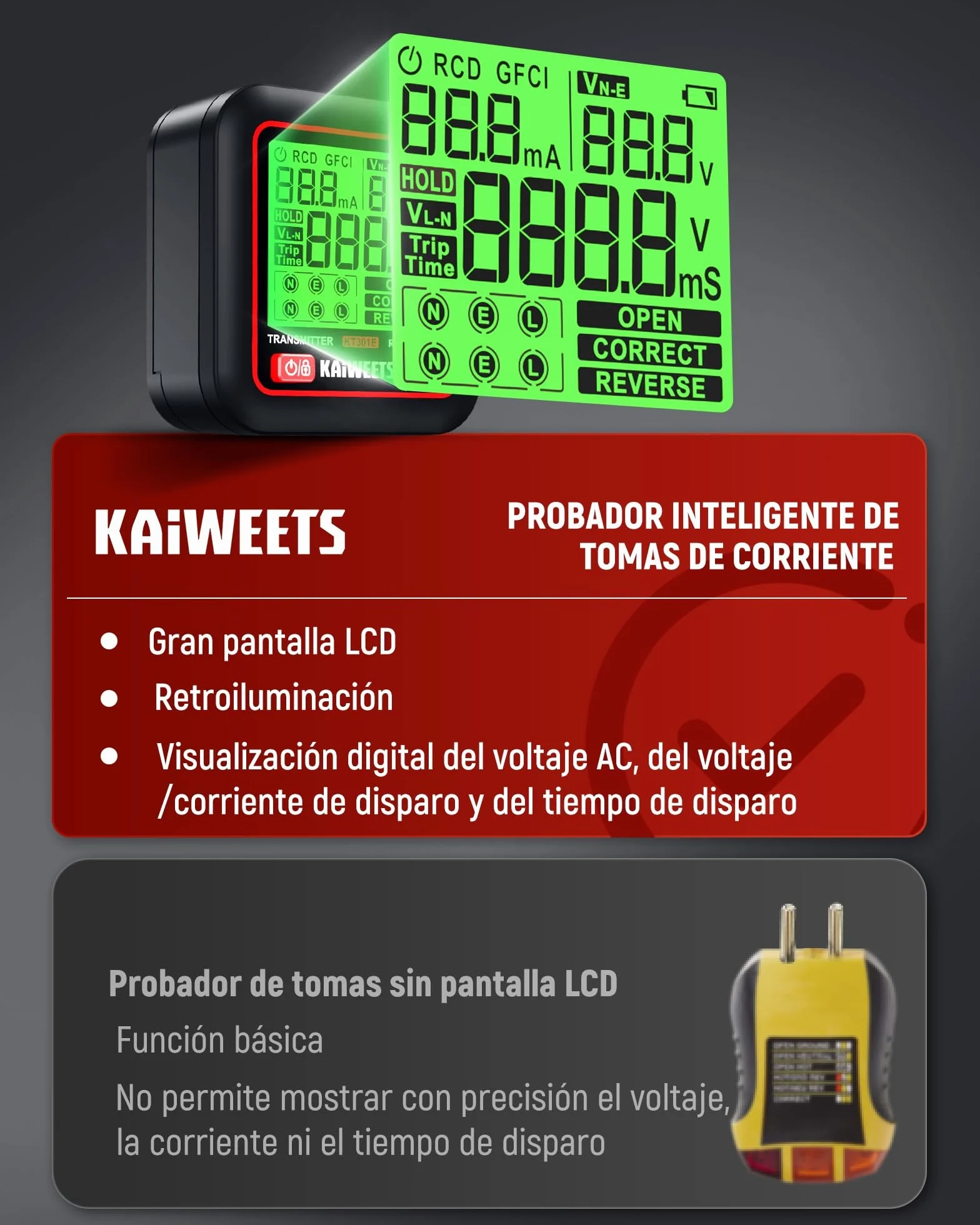 KAIWEETS Localizador de Disyuntores Pantalla LCD, Comprobador Enchufes Prueba RCD Verificación Cableado, Detector Cables NCV Linterna LED