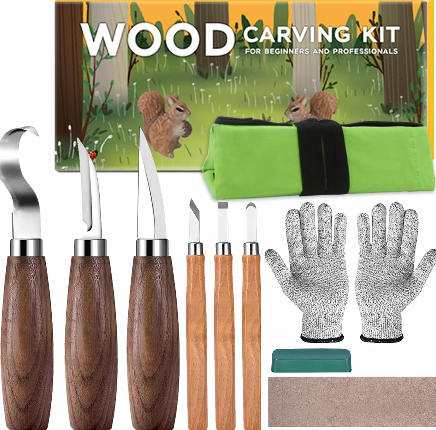 Kit de Tallado de Madera, 10 en 1 Kit de Herramientas para Tallar Madera, incluye 6 Cuchillos Para Tallar Madera Seco para principiantes, Guantes Resistentes a Cortes, Bolsa de Lona