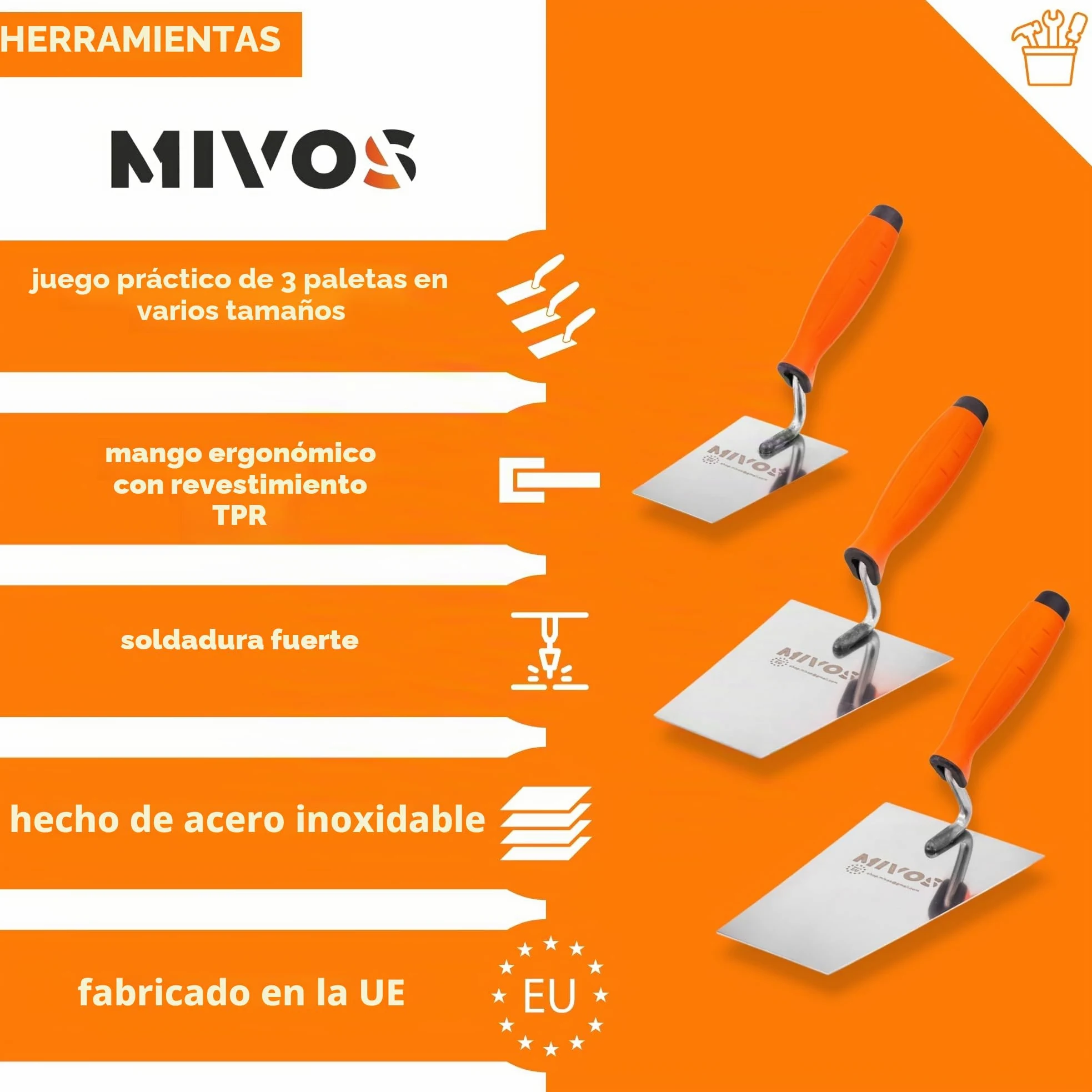 Mivos Juego de 3 Palas Trapezoidales de Acero Inoxidable de 130 mm 160 mm 180 mm – Paleta de Albañil en Forma Trapezoidal – Paleta de Estufa con Mango de Goma – Paleta para Alisar Trapezoidal