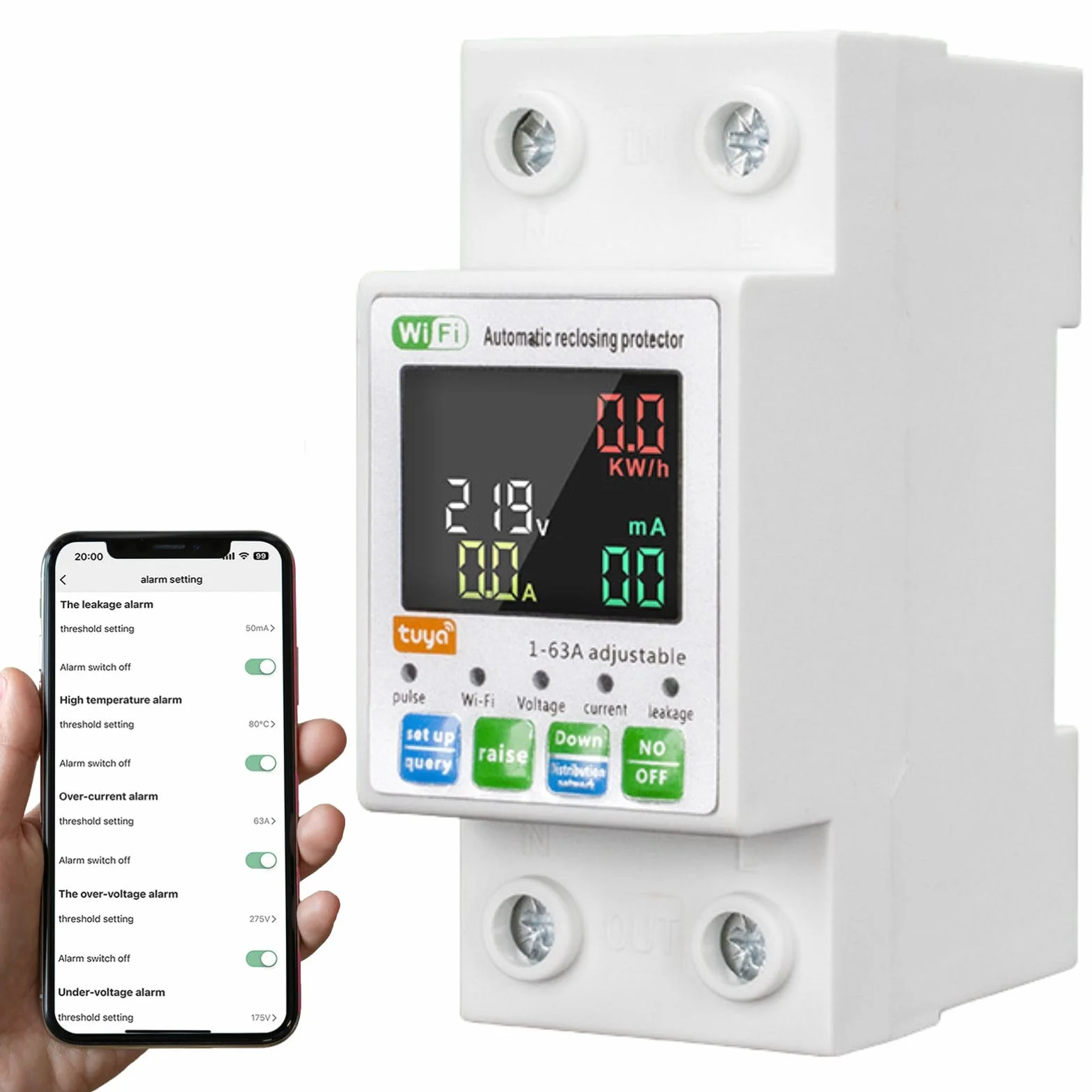 Jadeshay Interruptor Automático WiFi,63A Medidor de Consumo Electrico Monofasico Amperímetro Voltímetro Retroiluminación de Pantalla de Color con Protección contra Sobretensión y Subtensión y Fugas