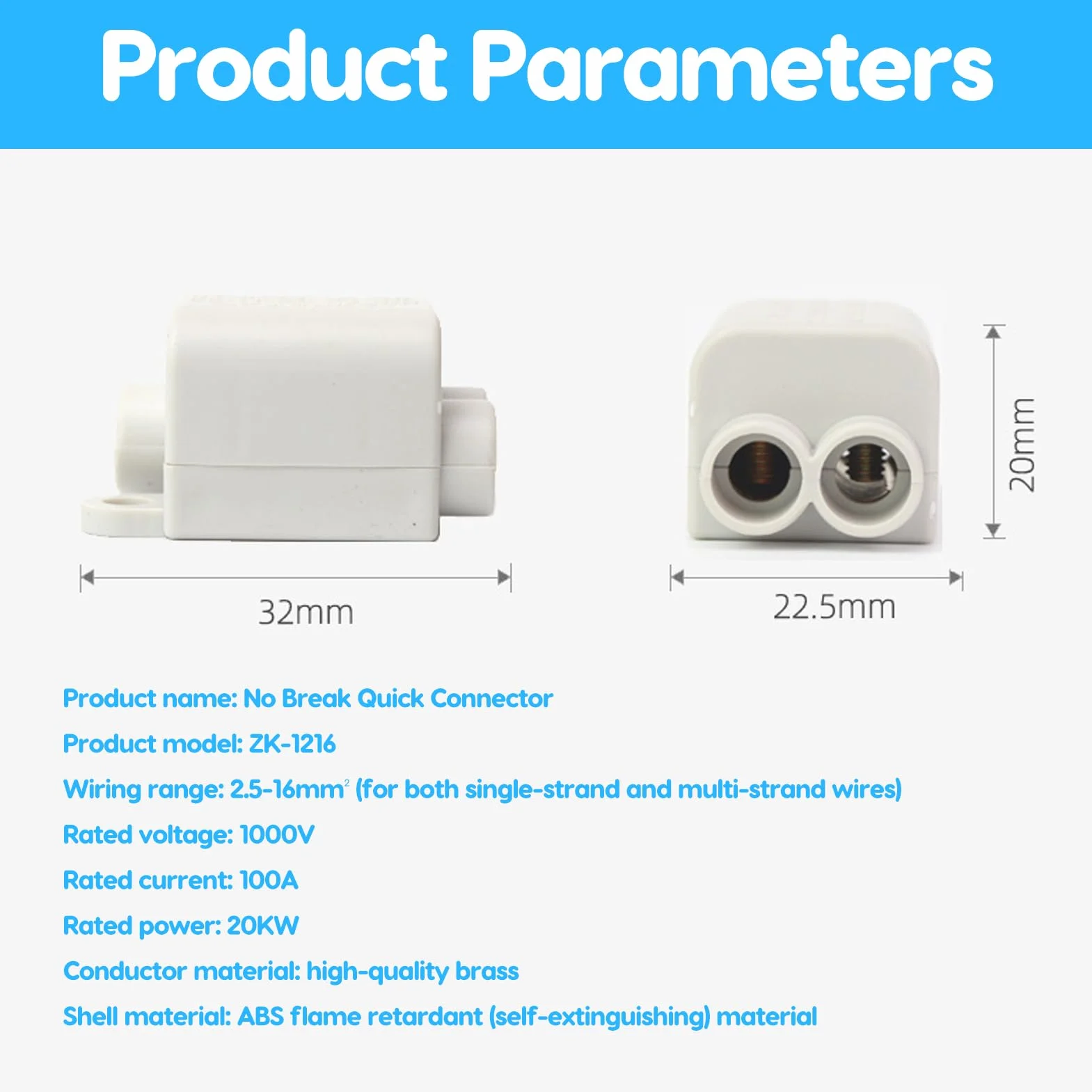 Conector Divisor Tipo T Caja de Conexiones 3 Vías 6 Uds. 1000V 100A ZK-1216