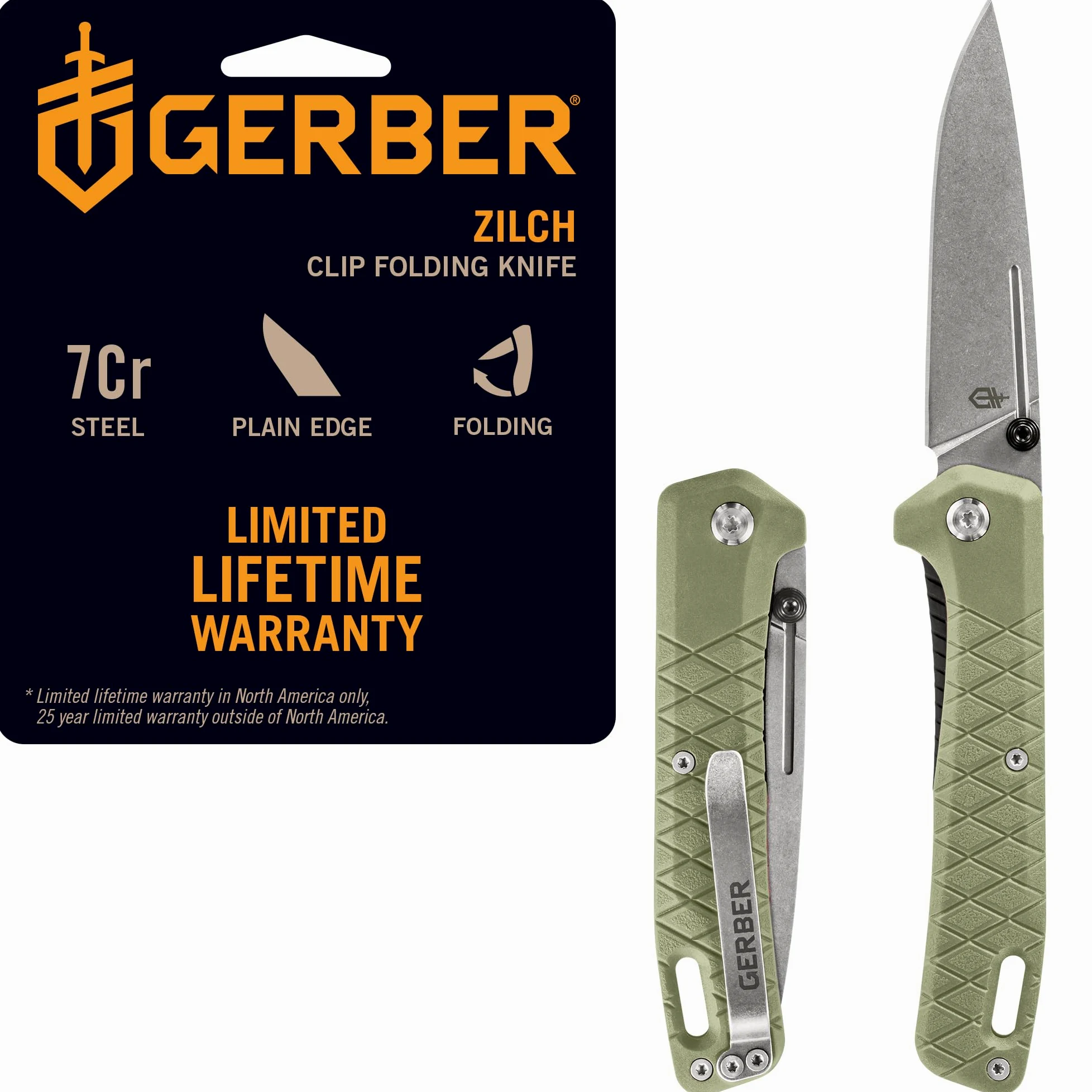 Gerber Navaja con Gancho para Cinturón, Longitud de la Hoja: 7,9 cm, Nylon Reforzado con Fibra de Vidrio/Acero 7Cr17MoV, Verde, Zilch, 1067530
