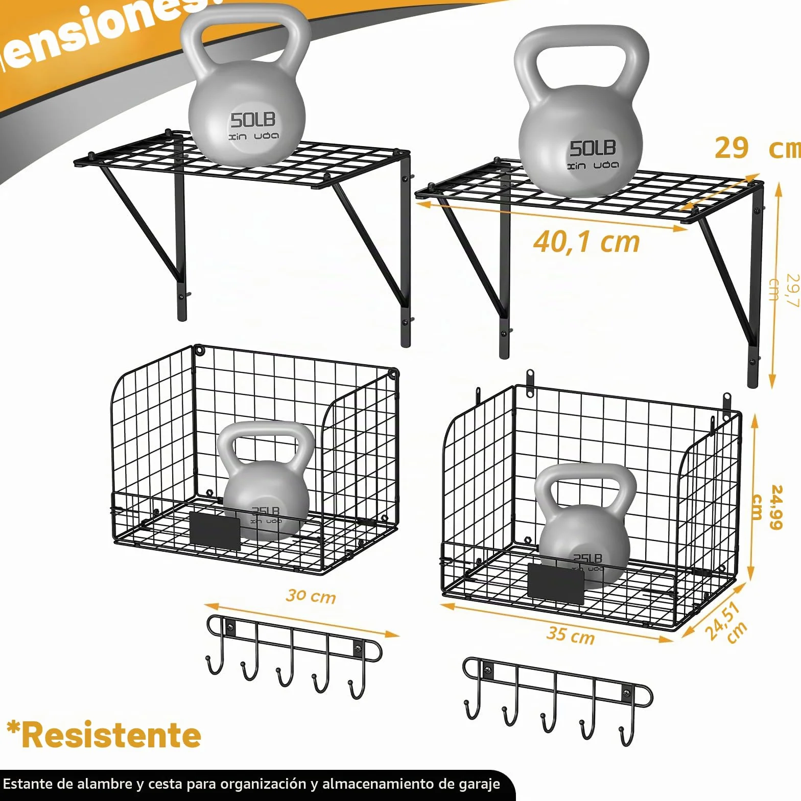 ThreeHio - Paquete de 2 estantes de garaje para pared con cestas de alambre, resistente, con ganchos, organizador de herramientas para el hogar, jardín, garaje, organización y almacenamiento