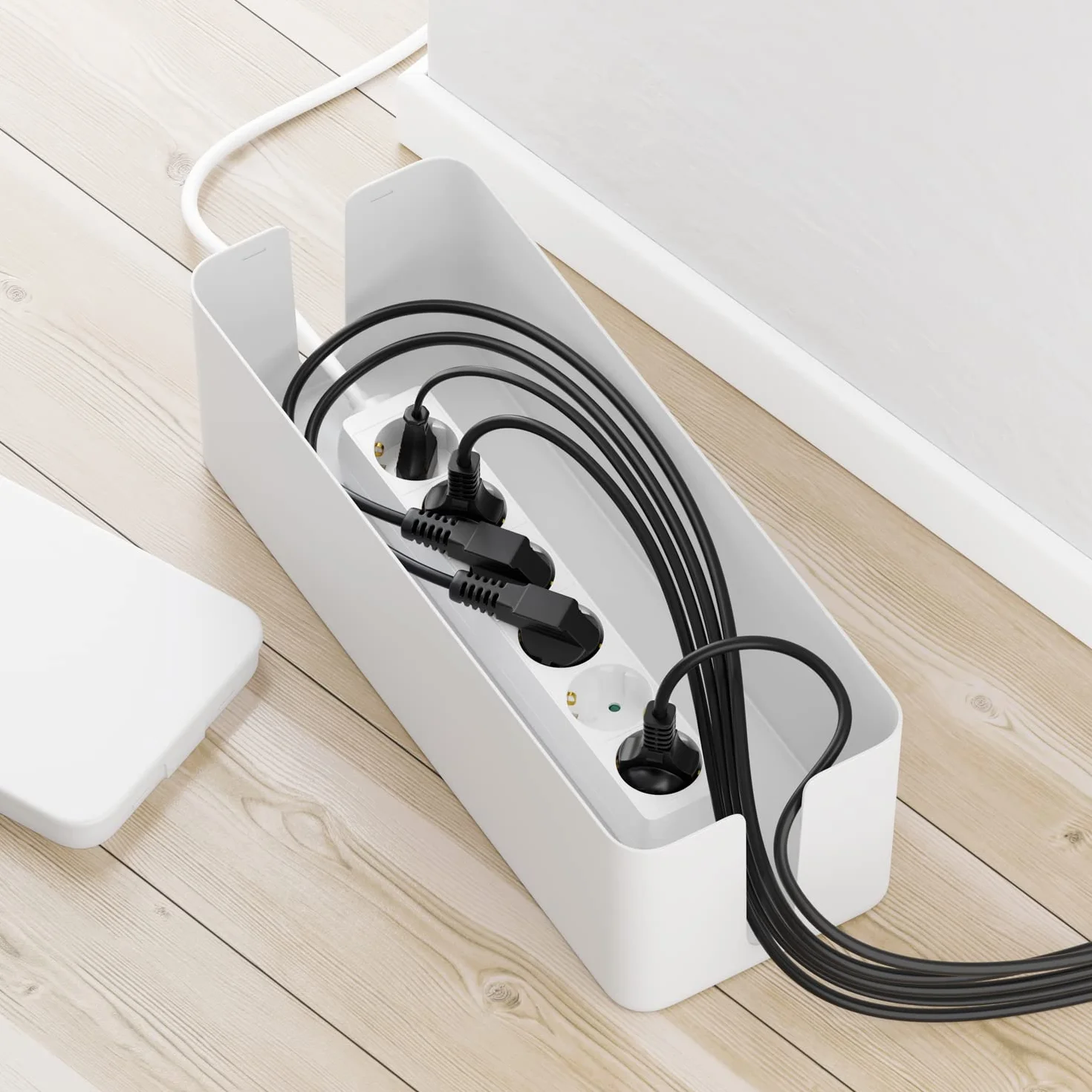 deleyCON Caja para Gestionar Caja Organizadora de Cables 40,5cm x 15,3cm x 13cm Plástico Robusto 2 Guías de Cables Protección y Seguridad Blanco