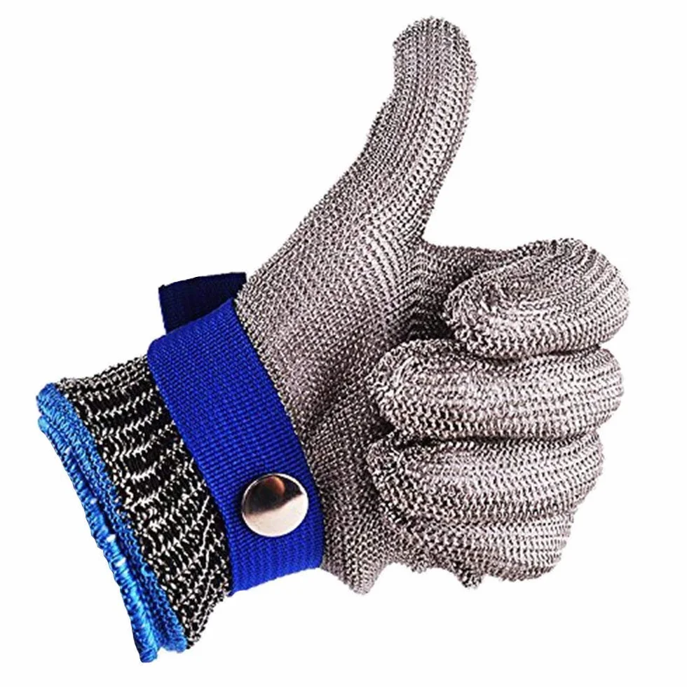 Guante seguridad malla acero inoxidable anticortes nivel 5 protección talle L azul