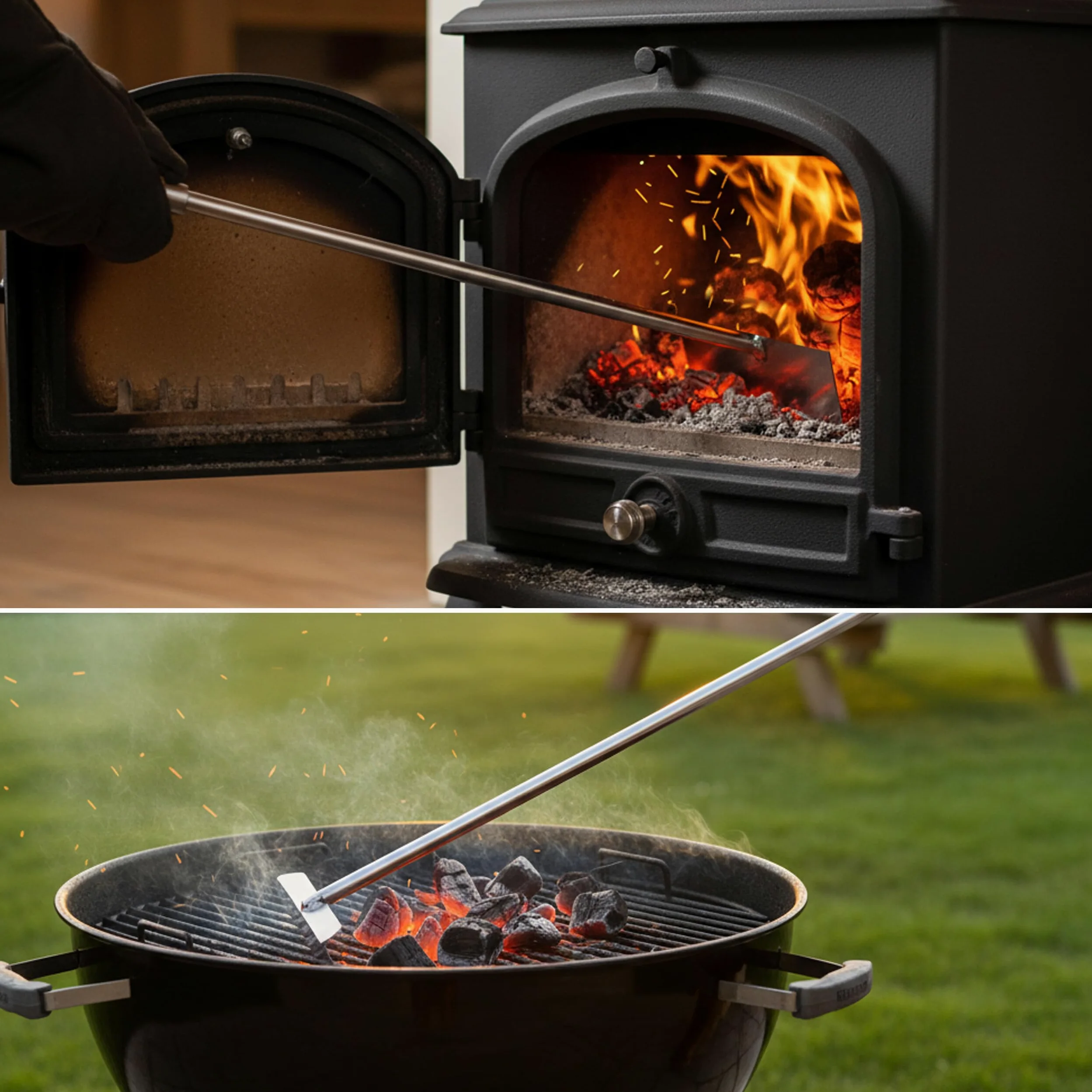 Rascador de Cenizas Relaxdays, Acero Inoxidable, Mango de Madera, 58,5 cm, Pala para chimeneas, Gancho para Cenizas.