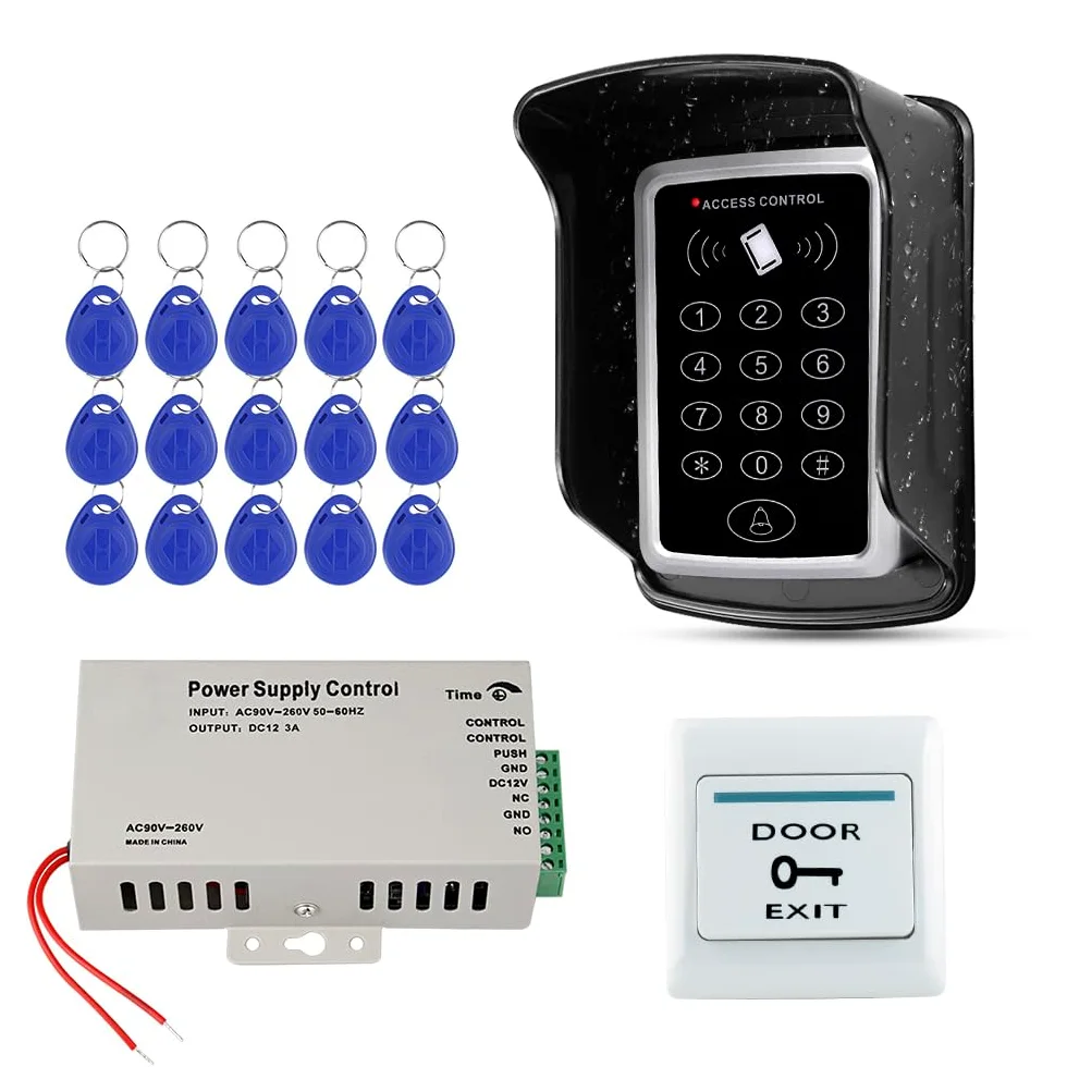 Kit de Sistema de Control de Acceso de Puerta Impermeable Teclado RFID Lector de Tarjetas 125KHz + Fuente de Alimentación DC12V 3A + 15pcs Llavero, Sin Cerraduras Eléctricas