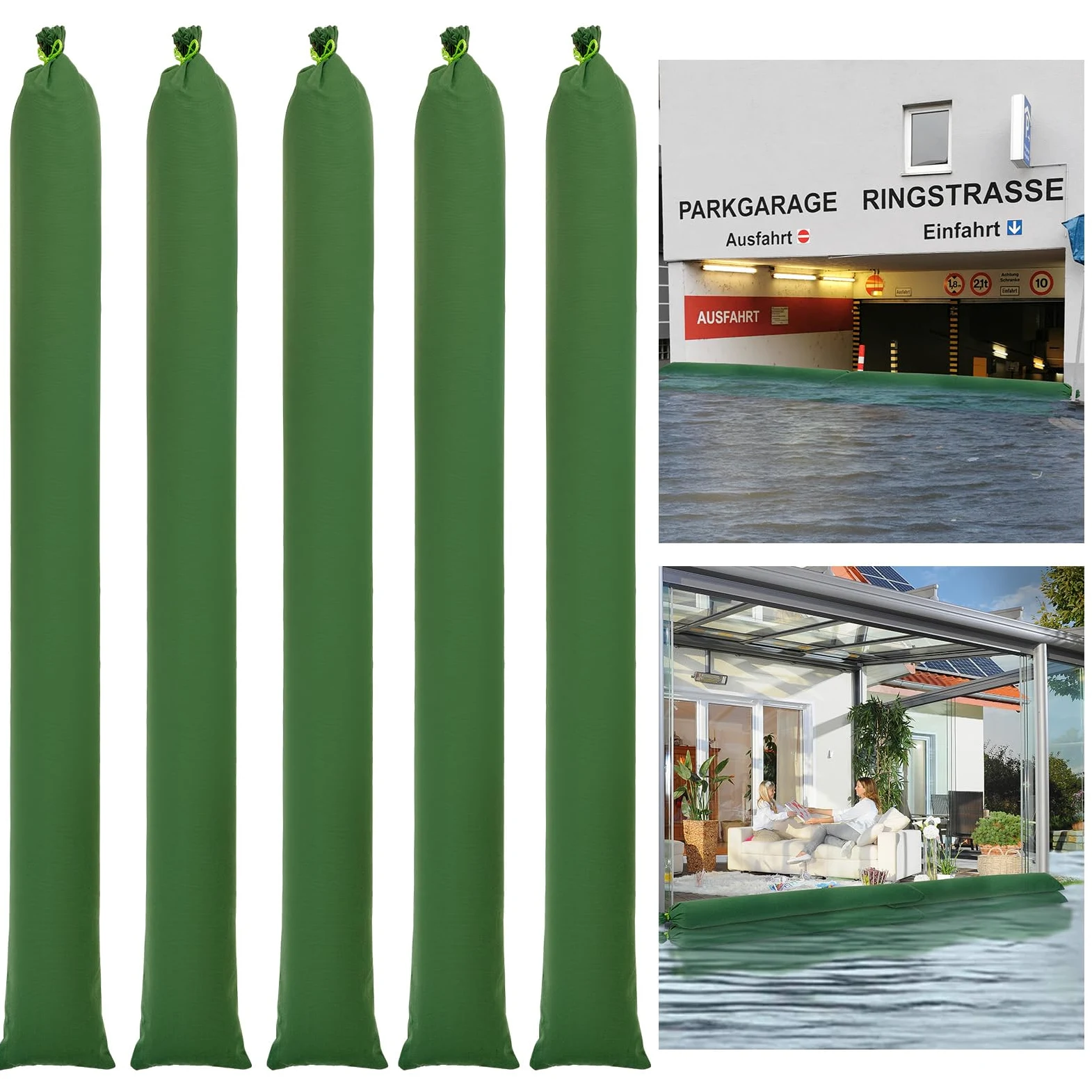 POFIBO Barrera Anti Inundaciones, 5 Sacos de Arena de Lona Gruesa Reutilizables, Apto para Garajes, Puertas, Sótanos, Ventanas, Anti Inundaciones (215 x 19 cm, Verde)