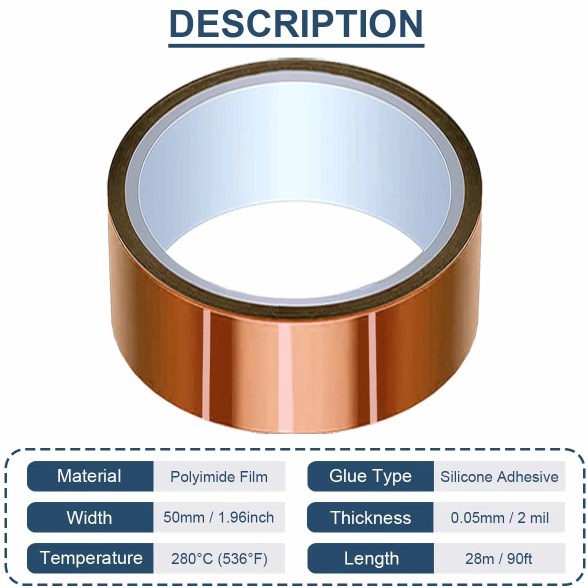 50 mm x 28 m (90 pies) Cinta de alta temperatura Cinta de poliimida resistente al calor Cinta térmica Cinta Kapton para enmascarar/Soldar/Impresoras 3D / Batería