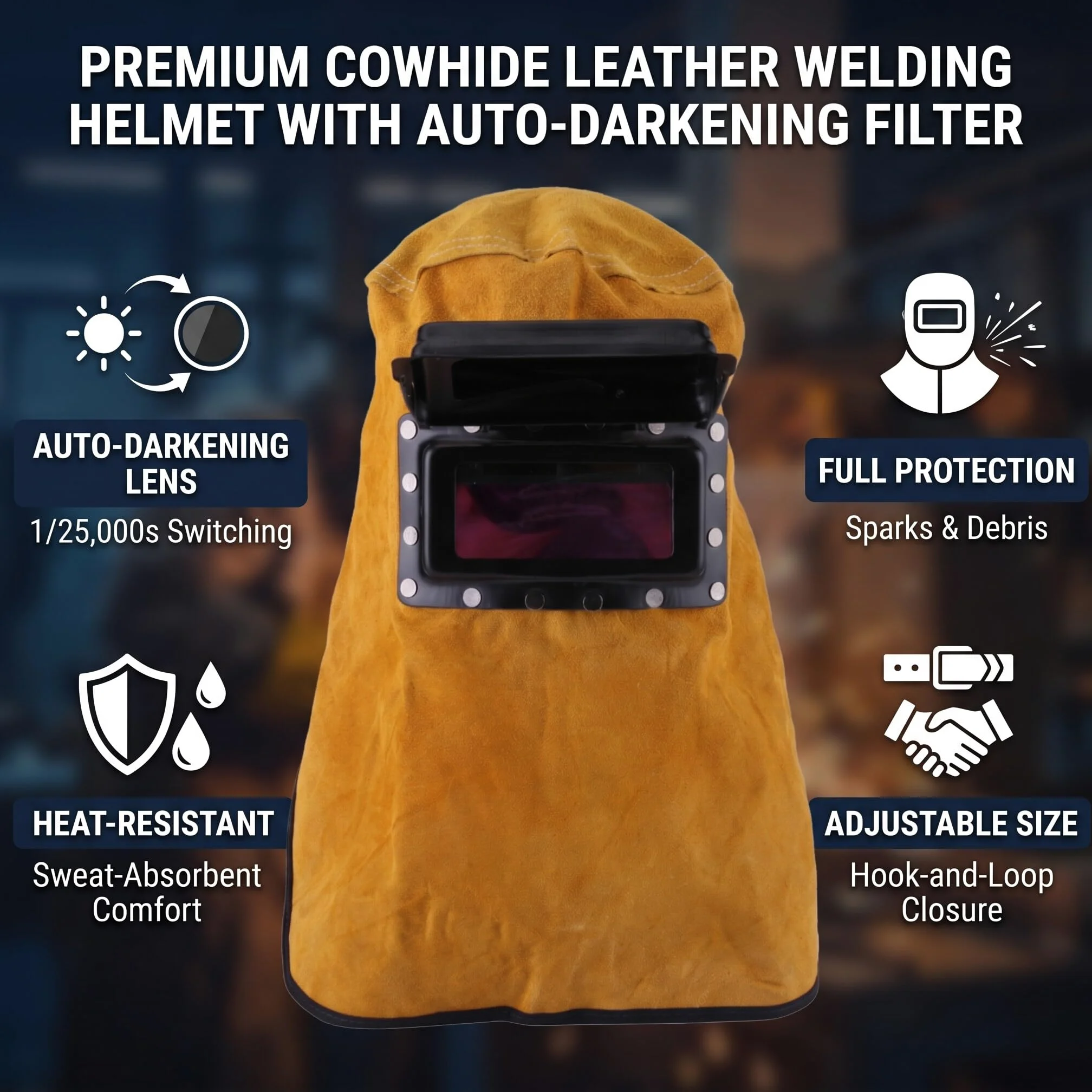 Casco de Soldadura de Cuero con Lente de Oscurecimiento Automático para Protección Facial y Cuello Pantalla de Soldador con Ajuste Rápido y Material Transpirable