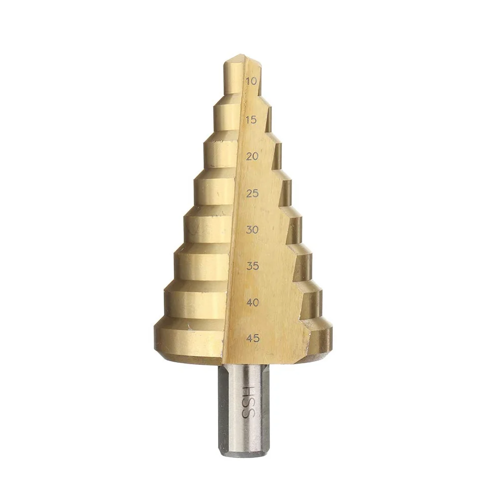 Broca escalonada de 10-45 mm Hss Paso de titanio o nitruro Recubrimiento de cono Broca de taladro - Oro