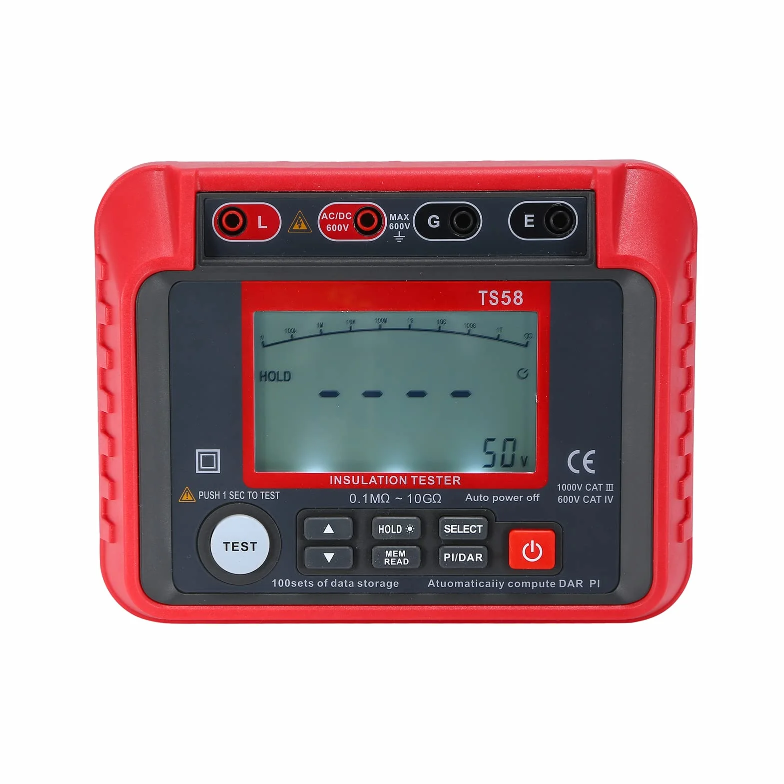 Megohmímetro digital TS58 0,1 MΩ-10 GΩ 10-600 V AC DC 2000 recuentos DAR PI-Índice