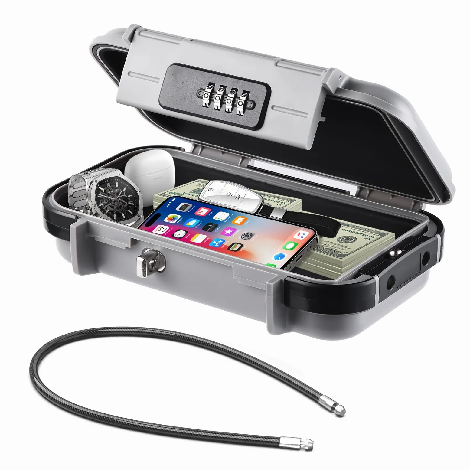 Caja de seguridad portátil con código, resistente al agua y antirrobo, caja fuerte de viaje con combinación de seguridad con cable metálico extraíble, para playa, coche, oficina, vacaciones