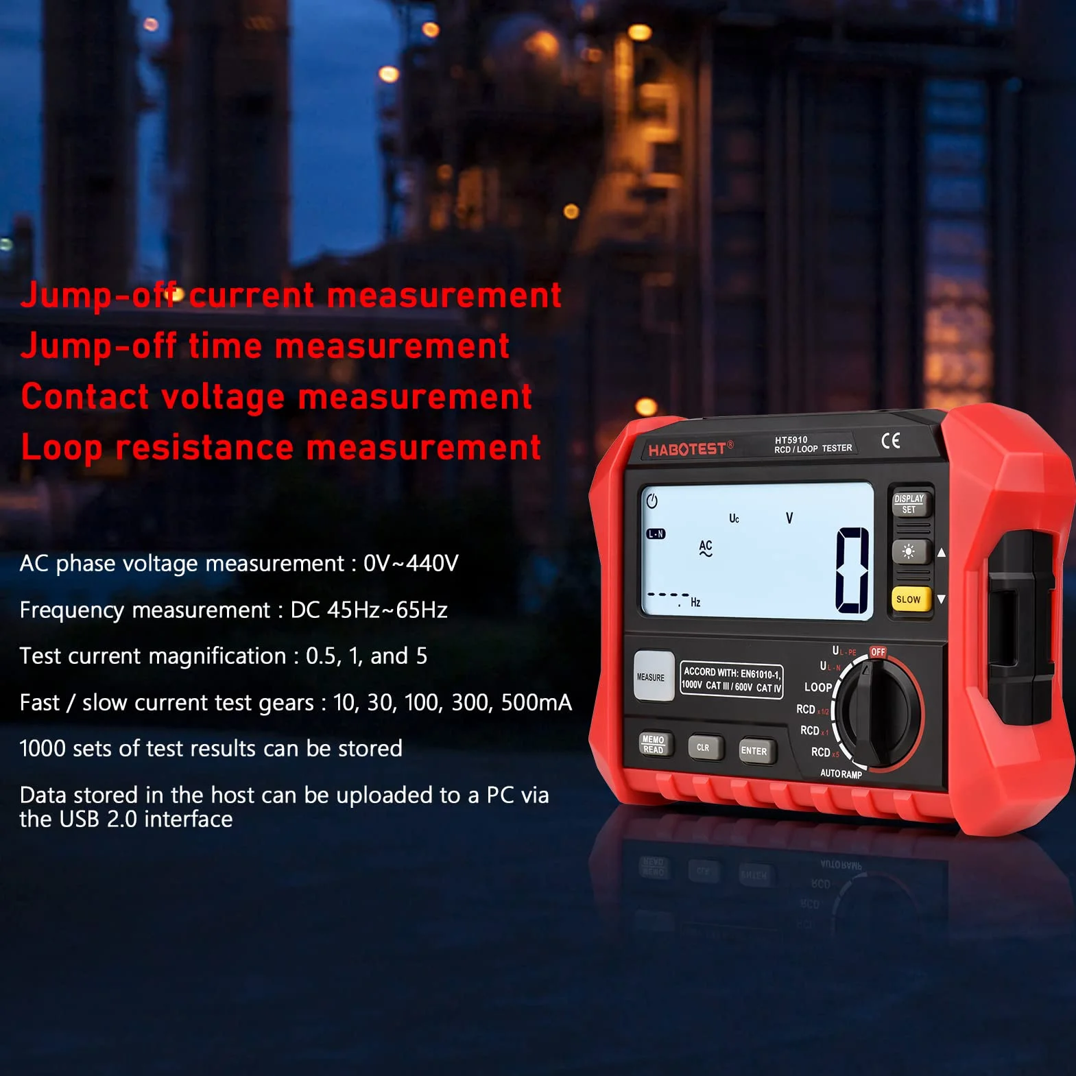 Irfora HT5910 Medidor de Resistencia Digital LCD 4,7 Pulgadas Probador de Interfaz a Tierra RCD Bucle 1000 Almacenamiento Datos Megohmímetro Voltímetro Retroiluminación