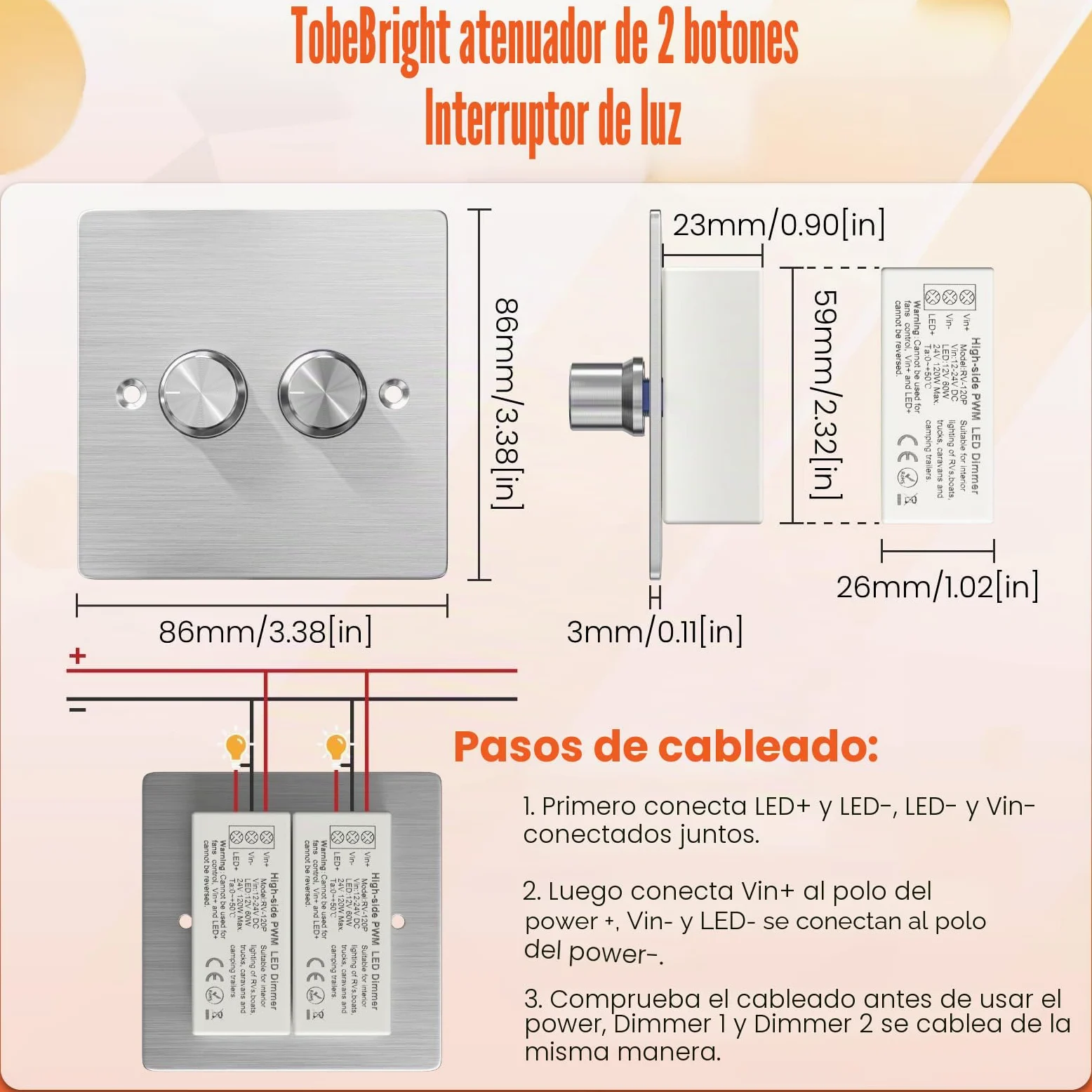 Dimmer Schalter 12V-24V RV Doppeldimmer 120W 5A PWM 2Gang Drehbar für 12V LED-Leuchten im Wohnmobil/Caravervan/Boot/LKW