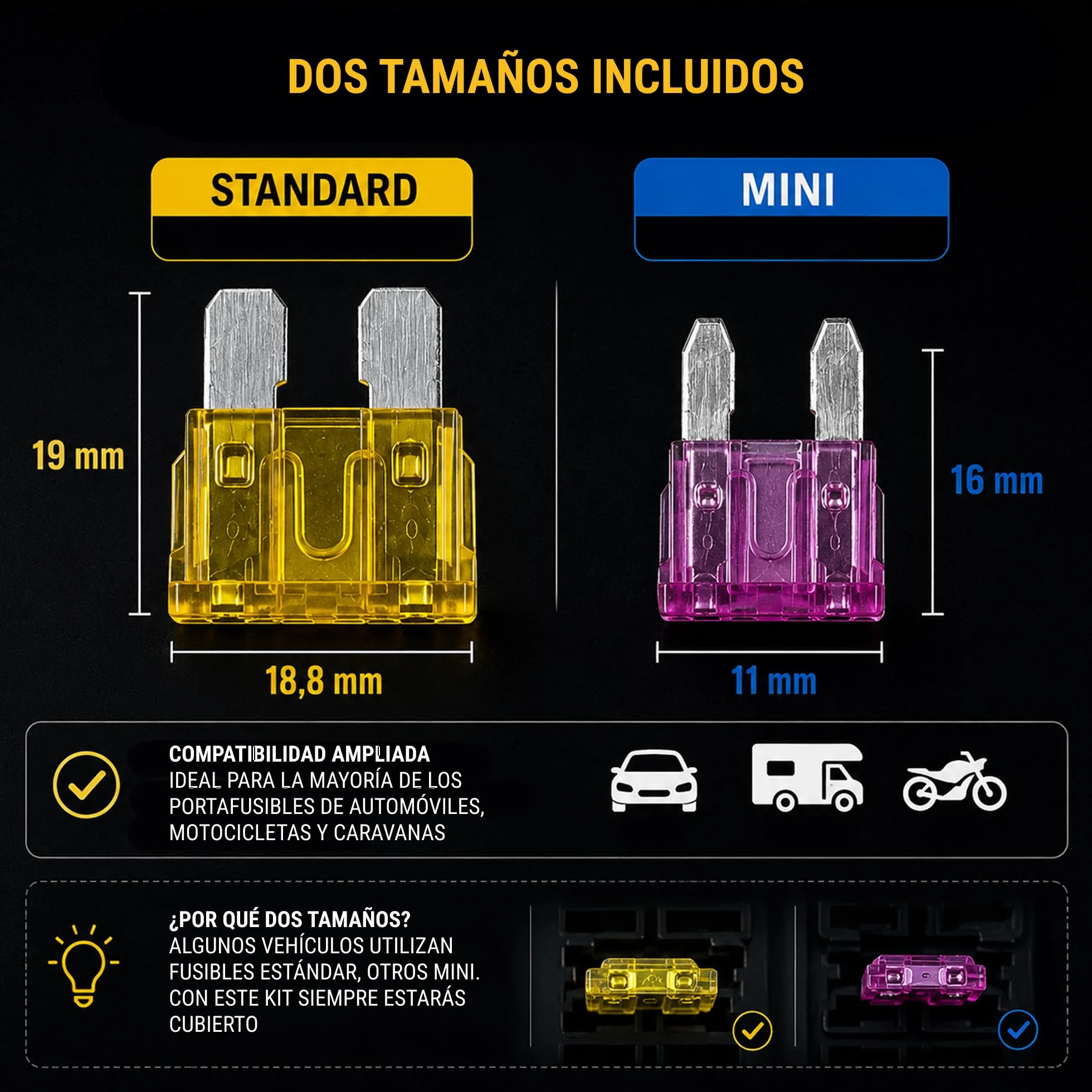 Fusibles de Cuchilla Tipo Europeo Kit 50 Piezas Surtido Mini y Estándar 3A-35A 12V 24V