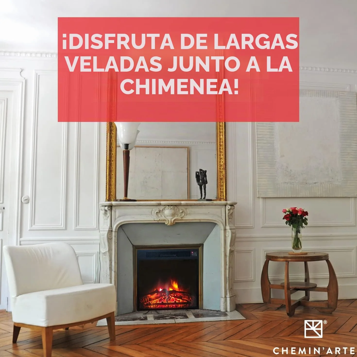 CHEMIN'ARTE Chimenea eléctrica empotrable Oxford con Efecto de Llama Leds - Chimenea eléctrica con calefacción – Inserto de Chimenea - Mando a Distancia - 61x20x45cm