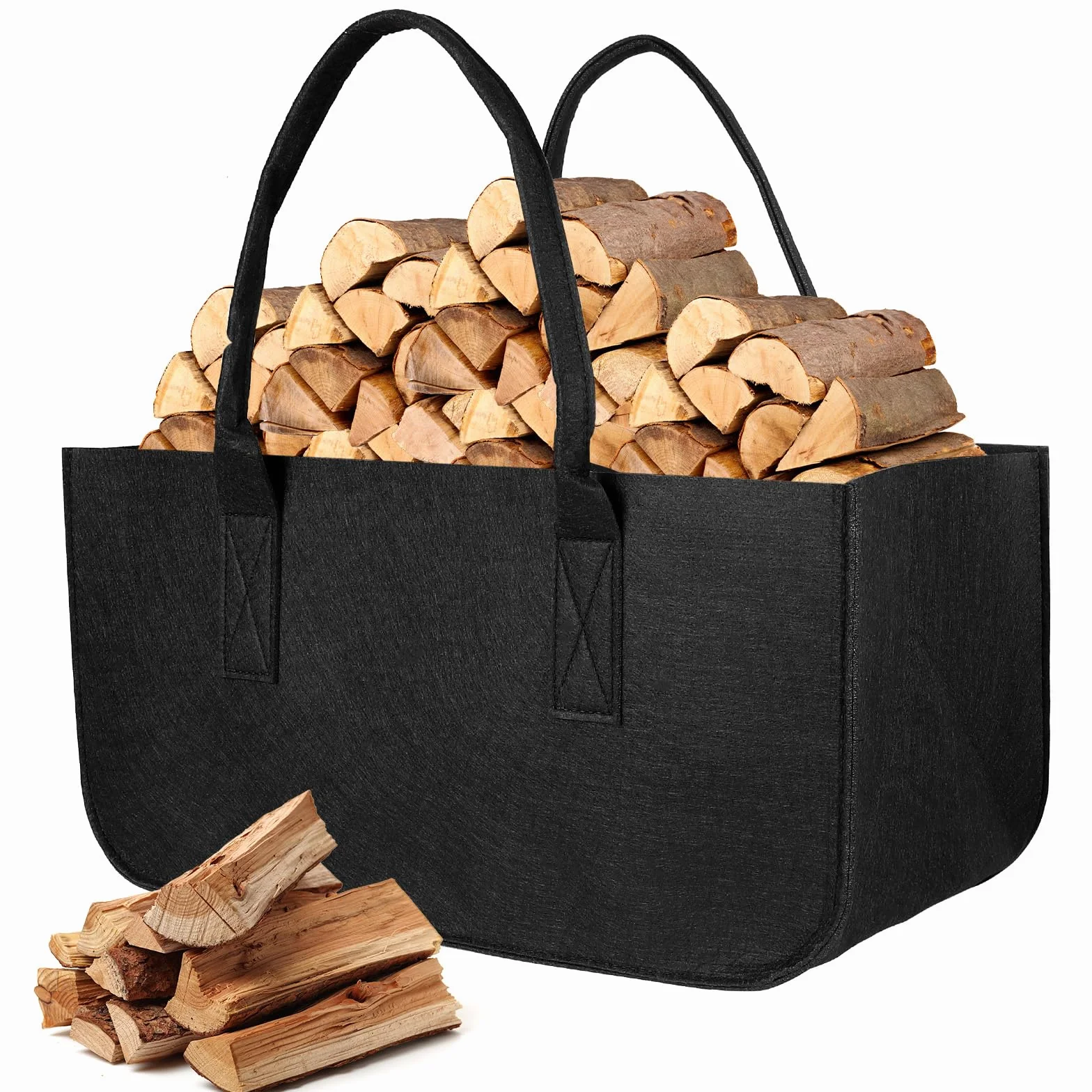 AiQInu Cesta de fieltro Cesta de leña, Plegable Cesta de Fieltro, 50x25x25cm Bolsa de Fieltro para Almacenar Leña de Chimenea y Más para Transportar Madera, Guardar Juguetes, Madera, Periódicos