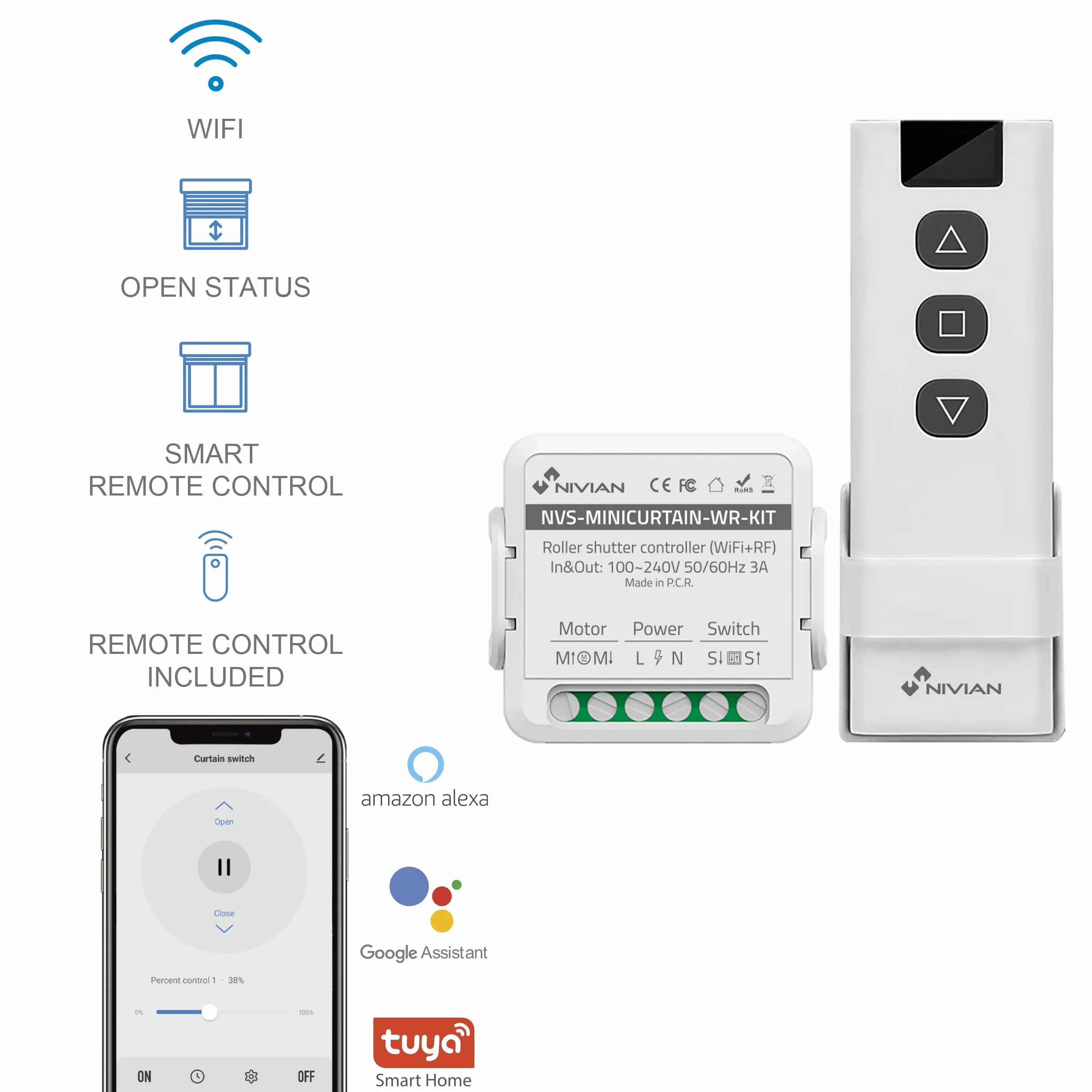 NIVIAN Controlador WiFi para Motor de Persianas con Mando RF. Control Remoto App Tuya. Interruptor Persiana WiFi Programación Horaria, Temporizador y Medición de Consumo. Compatible con Alexa y Google