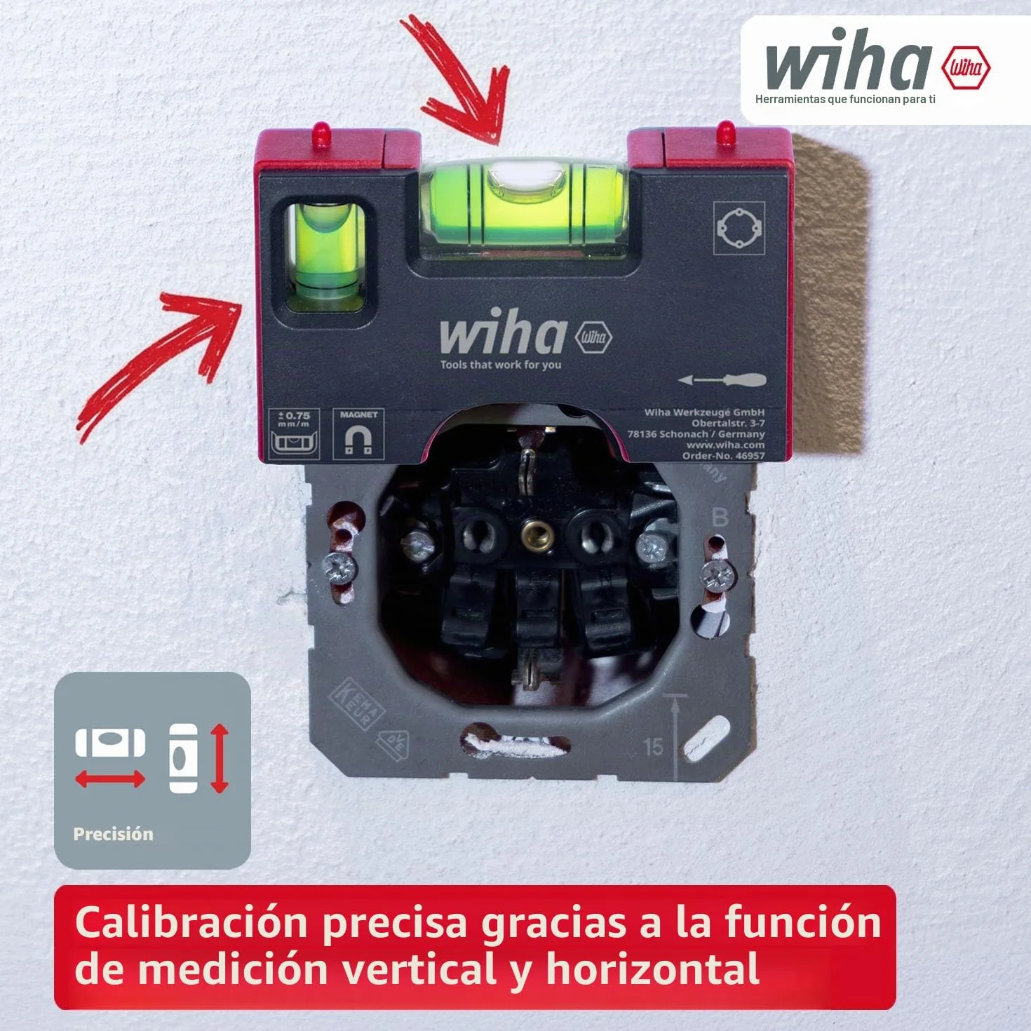 Wiha Mini nivel de burbuja Pocket I 10 cm con imán I Herramienta electricista para enchufe I Nivel horizontal de 4 anillas + nivel vertical para una alineación precisa I Nivel magnético (46957)